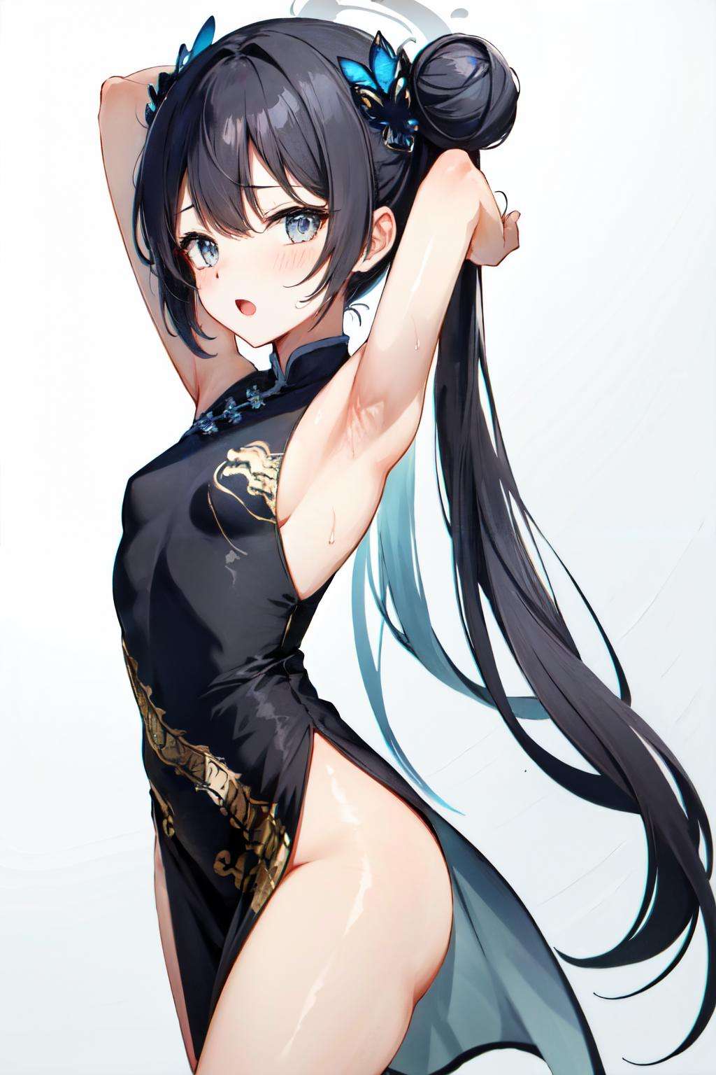 <lora:kisaki:0.7> 1girl, solo, long hair, looking at viewer, blush, open mouth, simple background, black hair, hair ornament, white background, dress, bare shoulders, twintails, very long hair, sweat, small breasts, armpits, hair bun, black dress, arms up, grey eyes, double bun, sideboob, chinese clothes, arms behind head, china dress, presenting armpit , sweaty armpits, , thick thighs, 