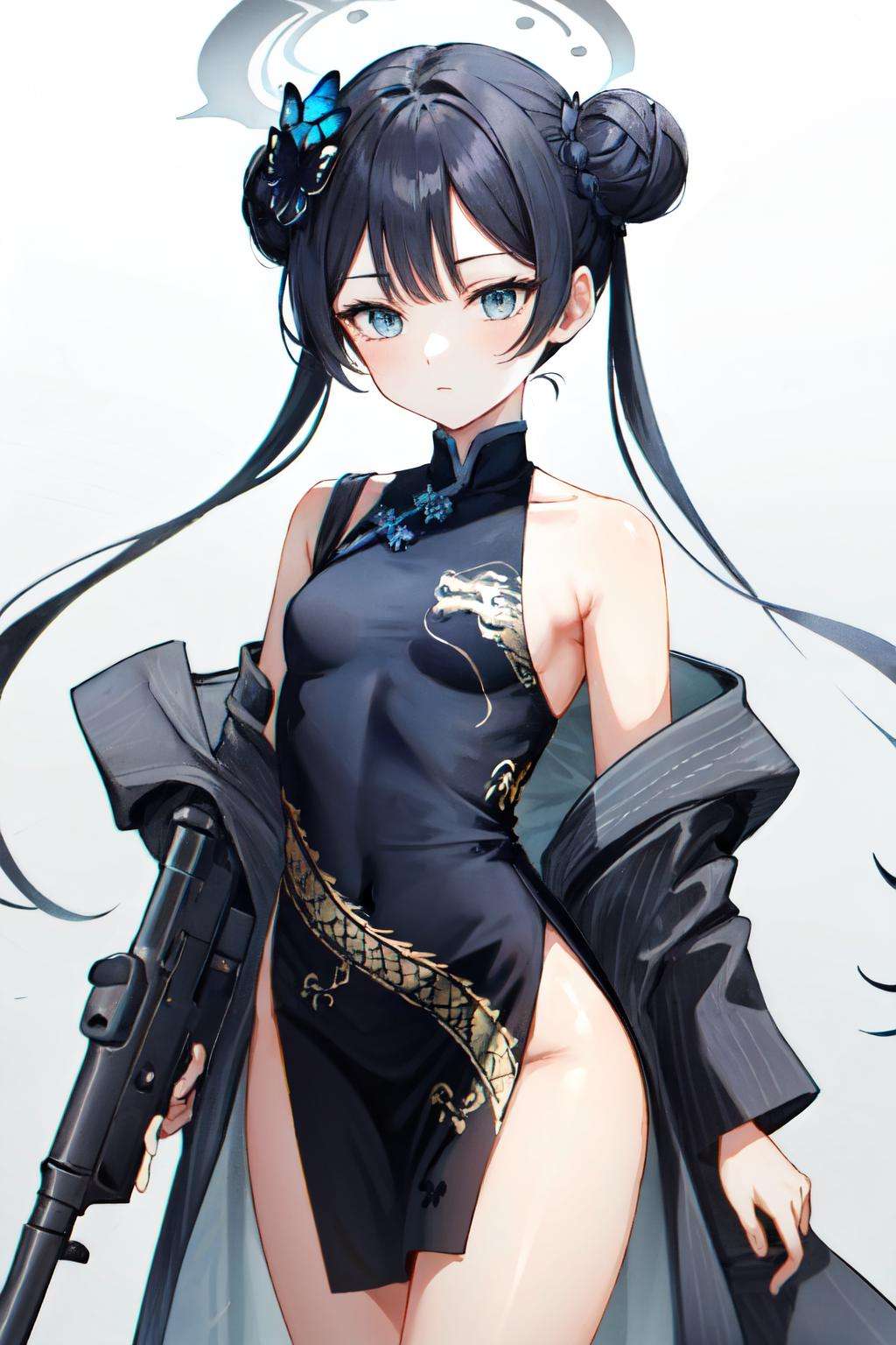 <lora:kisaki:1>kisaki(blue archive), simple background, white background, twintails, open clothes, gun, holding weapon, rifle, closed mouth, assault rifle, off shoulder, 1girl, china dress, blue eyes, chinese clothes, long hair, double bun, black dress, thighs, hair ornament, grey eyes, weapon, hair bun, black hair, pelvic curtain, looking at viewer, holding gun, small breasts, bare shoulders, holding, cowboy shot, butterfly hair ornament, halo, sleeveless dress, solo, sleeveless, dress