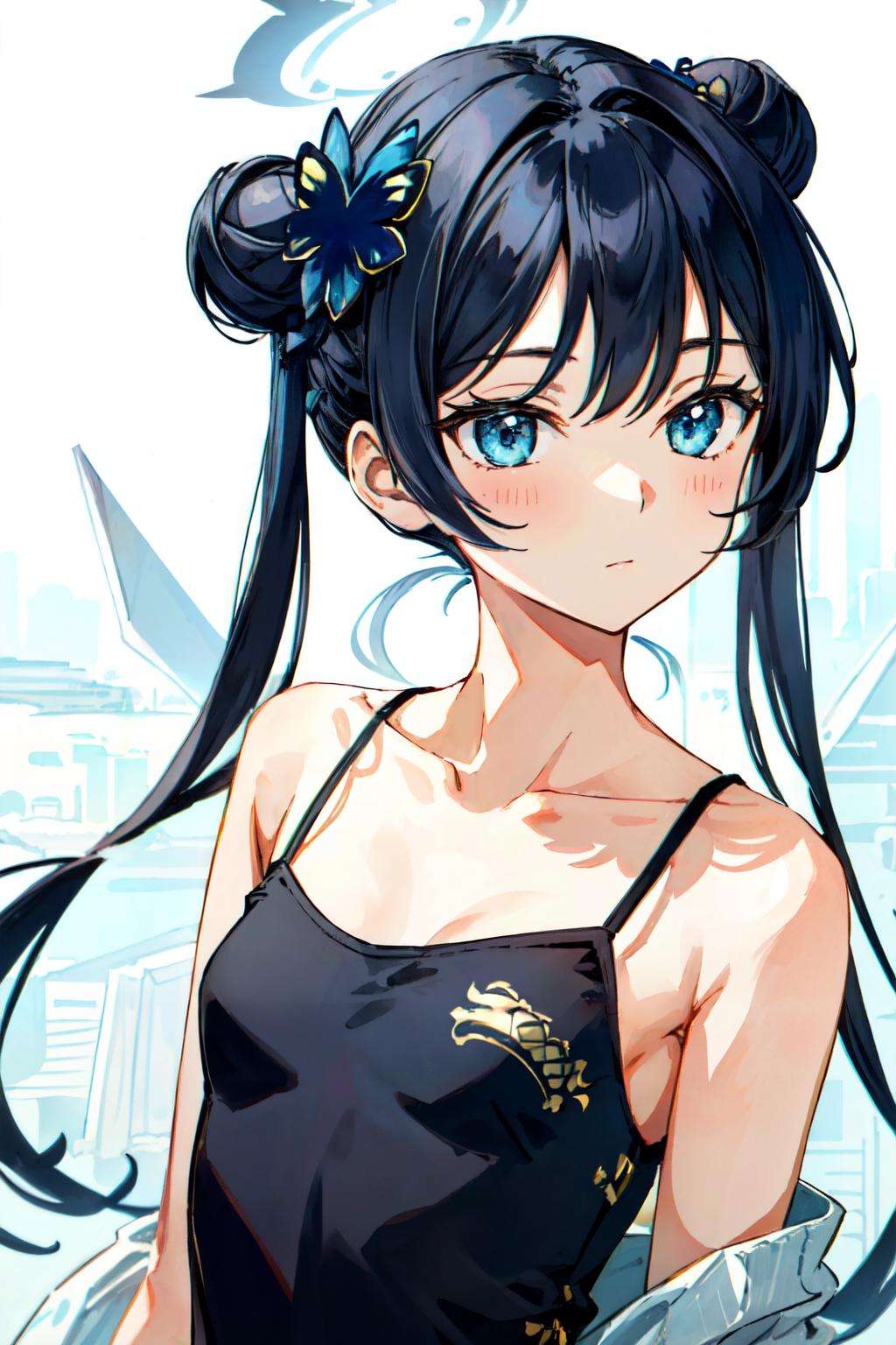 <lora:kisaki:0.7> kisaki(blue archive),1girl,solo,flat chest,small breasts,upper body, black hair, blue eyes, halo, long hair, twintail , hair bun, white camisole, bare shoulder,spaghetti strap,  hair ornaments ,colorful