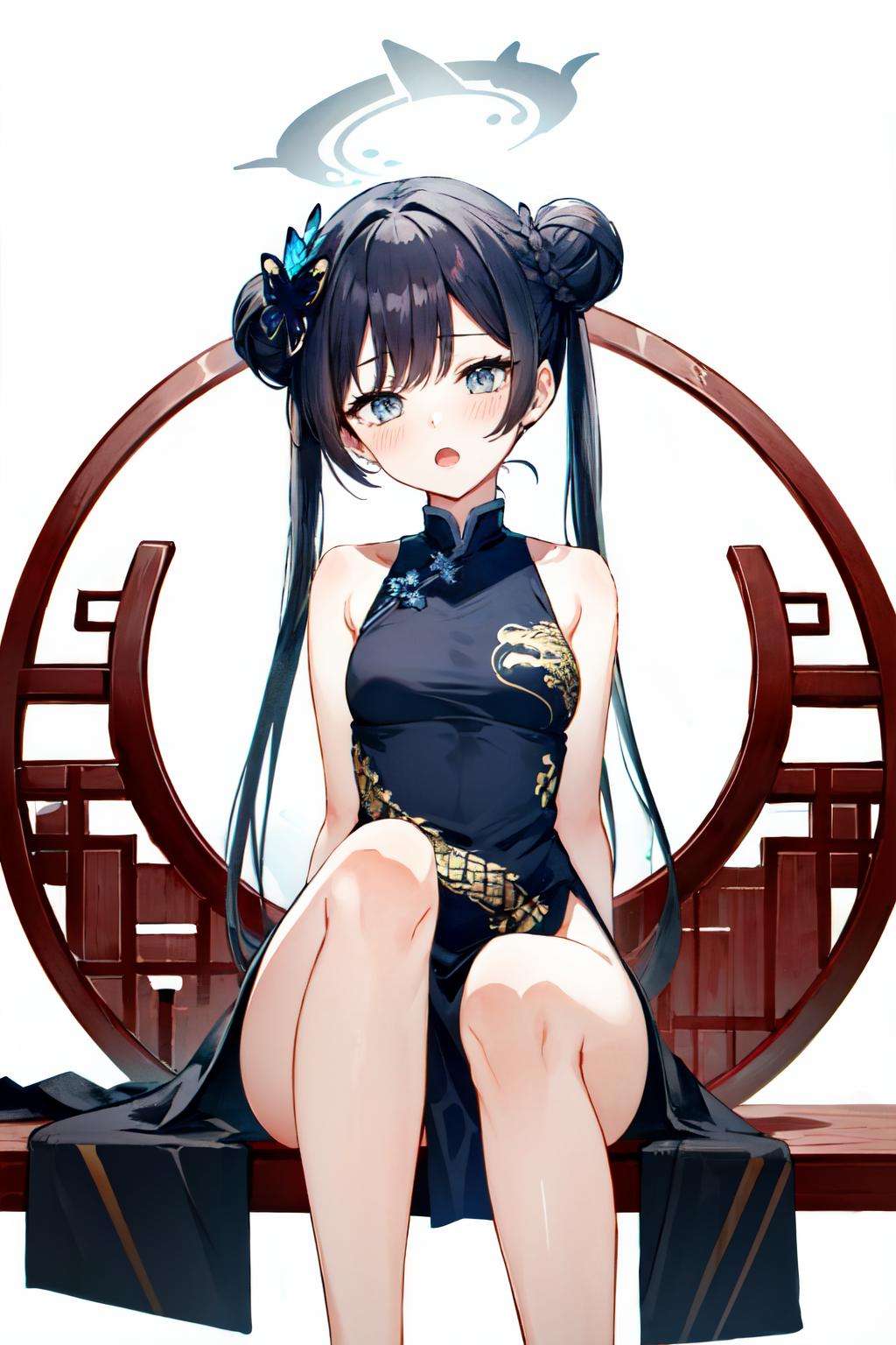 <lora:kisaki:0.7>1girl, solo, long hair, looking at viewer, blush, open mouth, simple background, black hair, hair ornament, white background, dress, bare shoulders, twintails, medium breasts, sitting, thighs, sleeveless, spread legs, hair bun, black dress, grey eyes, double bun, halo, chinese clothes, arms behind back, china dress