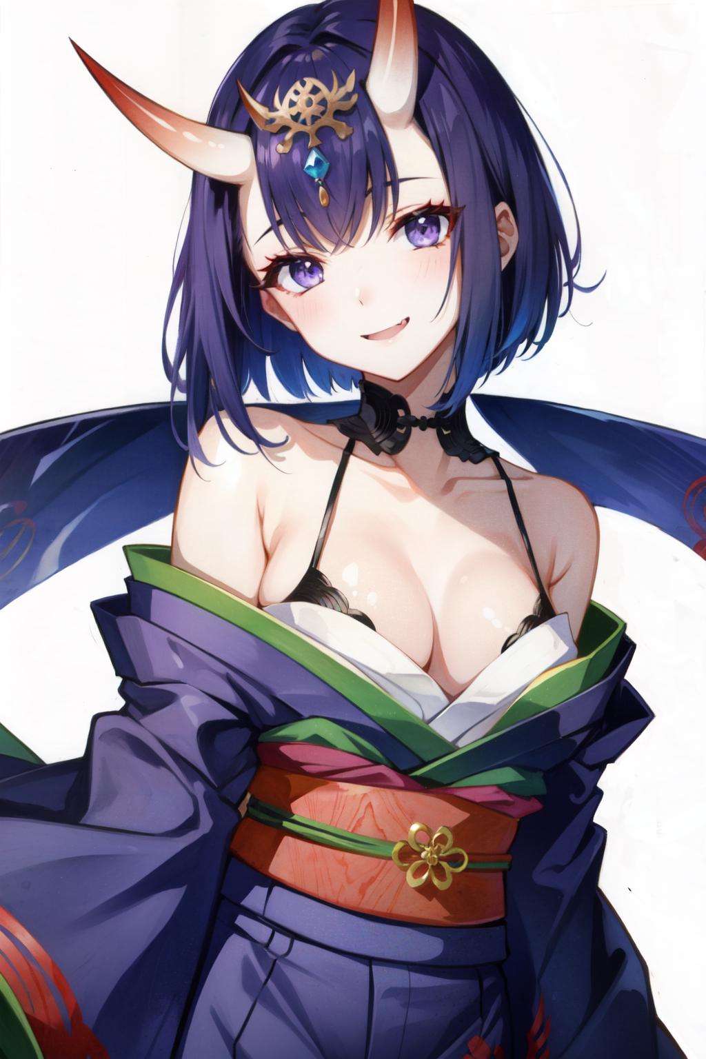 <lora:shuten_douji-04:0.8>shuten douji, horns, bob cut, kimono, smile, purple eyes, solo, fang out, eyeliner, off shoulder, headpiece, simple background, bare shoulders, purple kimono, skin-covered horns, purple hair, fang, 1girl, japanese clothes, white background, oni horns, short hair, oni, looking at viewer, makeup, head tilt, collarbone