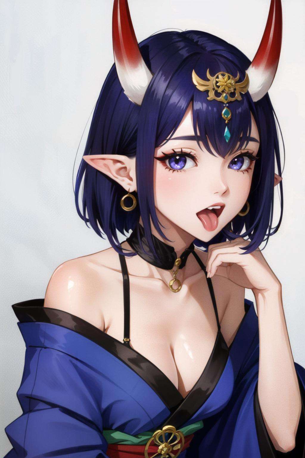 <lora:shuten_douji-04:0.8>shuten douji, horns, blood, bob cut, kimono, earrings, purple eyes, solo, fangs, blood on hands, eyeliner, short eyebrows, off shoulder, headpiece, bare shoulders, purple kimono, jewelry, skin-covered horns, purple hair, 1girl, japanese clothes, pointy ears, tongue out, oni horns, short hair, oni, looking at viewer, makeup, open mouth, tongue, blood on face