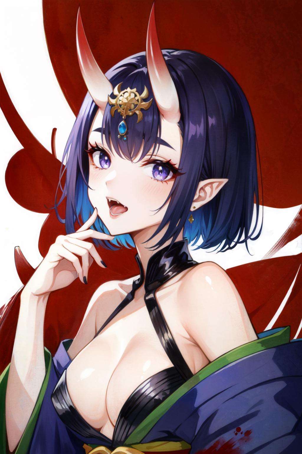 <lora:shuten_douji-04:0.8>shuten douji, horns, blood, bob cut, kimono, earrings, purple eyes, solo, fangs, blood on hands, eyeliner, short eyebrows, off shoulder, headpiece, bare shoulders, purple kimono, jewelry, skin-covered horns, purple hair, 1girl, japanese clothes, pointy ears, tongue out, oni horns, short hair, oni, looking at viewer, makeup, open mouth, tongue, blood on face