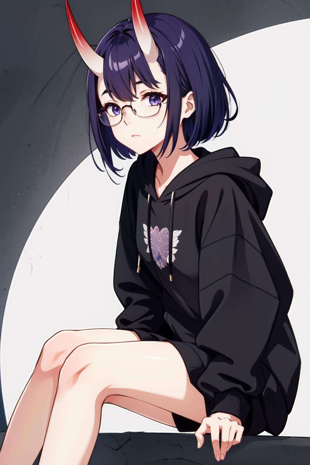 <lora:shuten_douji-04:1>shuten douji,1girl, solo, intricate, masterpiece, highres, best quality, absurdres, best quality, (fully clothed), oni horns, purple hair, purple eyes, short hair, small breasts, petite, ((black hoodie)), glasses,