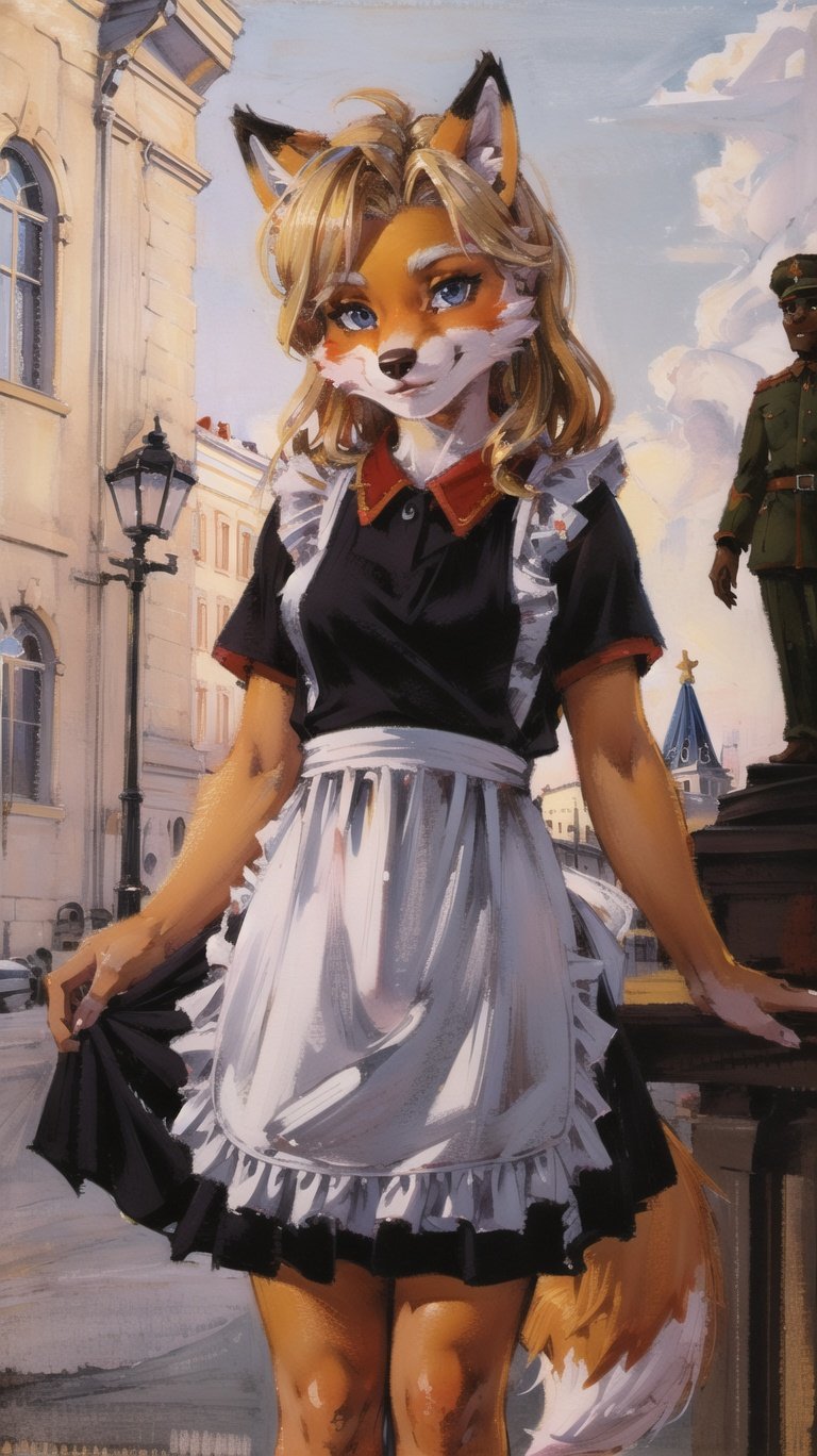 absurdres, highres, ultra detailed, masterpiece, sharp shading,traditional media, fox furry girl,kid,black dress,(white apron:1.2),sovietform,communism, blonde,high detail fur,stalin statue,outdoors,sunlight, paws,moscow,,sovietlooking at viewer,  <lora:sovietForm:0.5> <lora:add_detail:0.6>