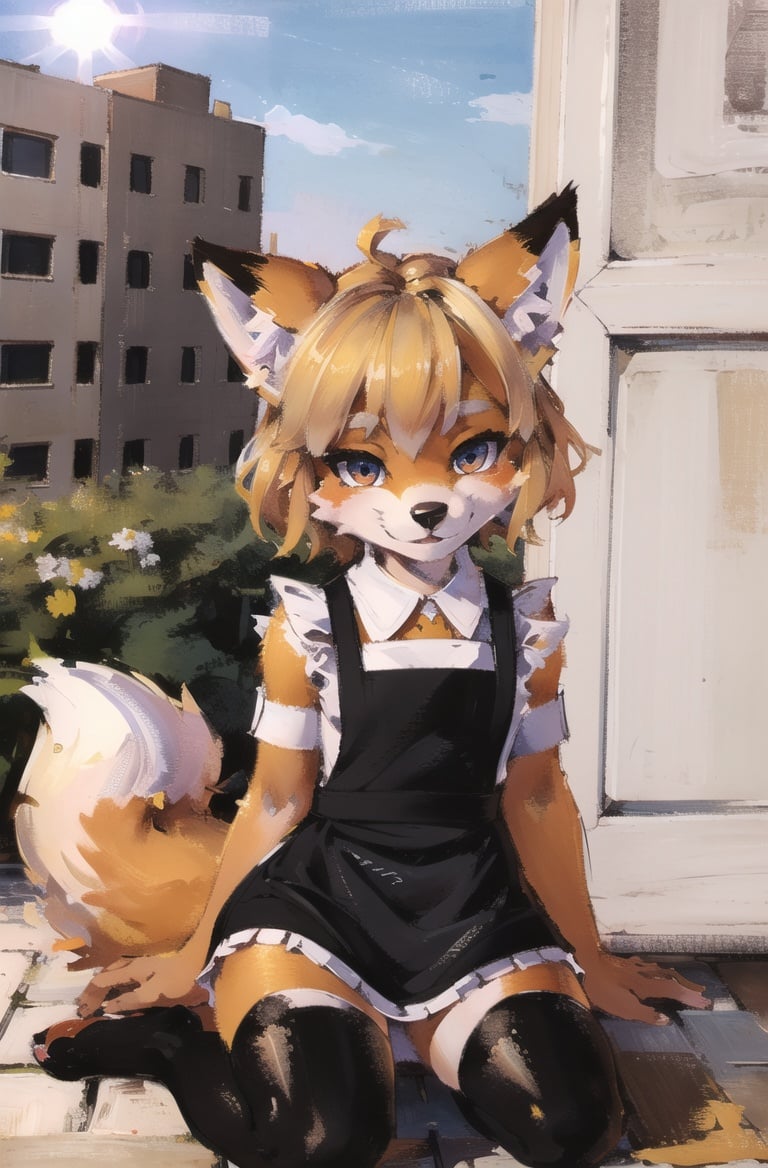 absurdres, highres, ultra detailed, masterpiece, sharp shading,traditional media, chibifox furry girl,kid,black dress,(white apron:1.2),sovietform,communism, wind,wariza,on floorblonde,high detail fur,outdoors,sunlight, fur paws,Brutalism buildings,white thighhighs, looking at viewer,  <lora:sovietForm:0.5>  <hypernet:furry_kemono:0.3>