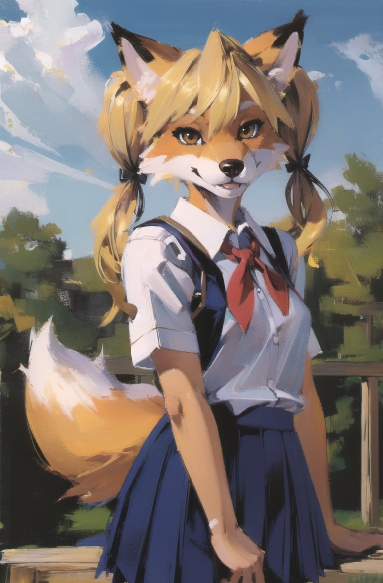 absurdres, highres, ultra detailed, masterpiece, sharp shadingfox furry girl,kid,school uniform,outdoors,blonde,twintails