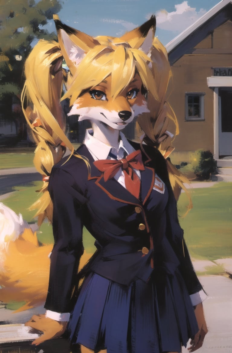 absurdres, highres, ultra detailed, masterpiece, sharp shadingfox furry girl,kid,school uniform,outdoors,blonde,twintails