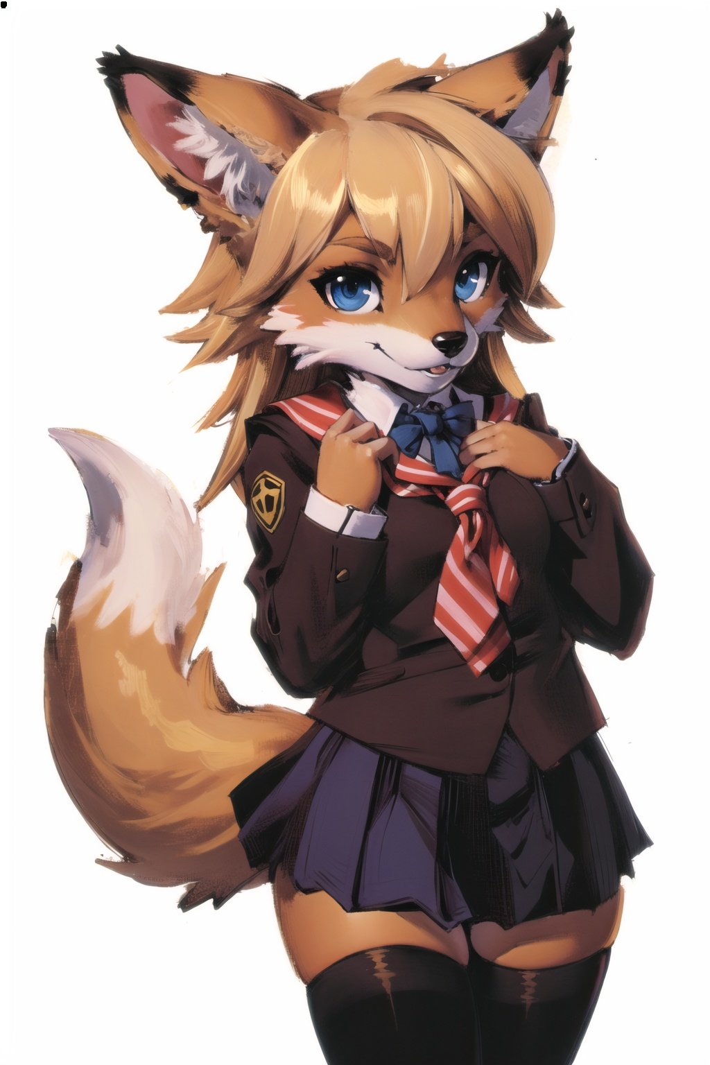 absurdres, highres, ultra detailed, masterpiece, sharp shading,portrait, standing,white background, fox furry girl,kid,school uniform,outdoors,blonde,fur paws,black thighhighs,chibi(high detail fur,fur skin:1.3), <lora:ChristaAOT:0.5>