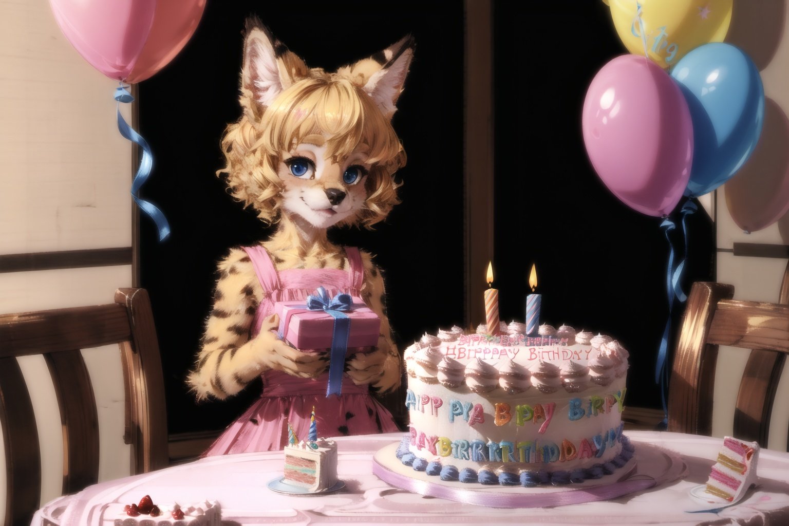 absurdres, highres, ultra detailed, masterpiece, sharp shading,holding gift box, looking at viewer, furry girl,kid,dress,indoor,birthday party,(birthday cake:1.2),table,blonde,servalcat,soumao,fur paws,look from screen <lora:servalcat:0.6> <hypernet:furry_kemono:0.5> <lyco:GoodHands-beta2:1.0> <lora:add_detail:0.5>