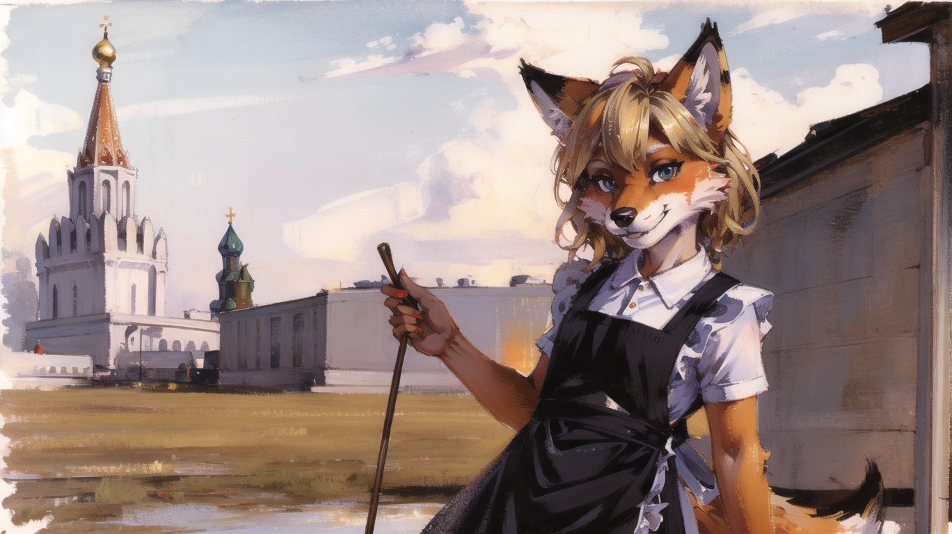 absurdres, highres, ultra detailed, masterpiece, sharp shading,traditional media, fox furry girl,kid,black dress,(white apron:1.2),sovietform,communism, windblonde,high detail fur,outdoors,sunlight, paws,moscow,sovietlooking at viewer,  <lora:sovietForm:0.5> <lora:add_detail:0.6>