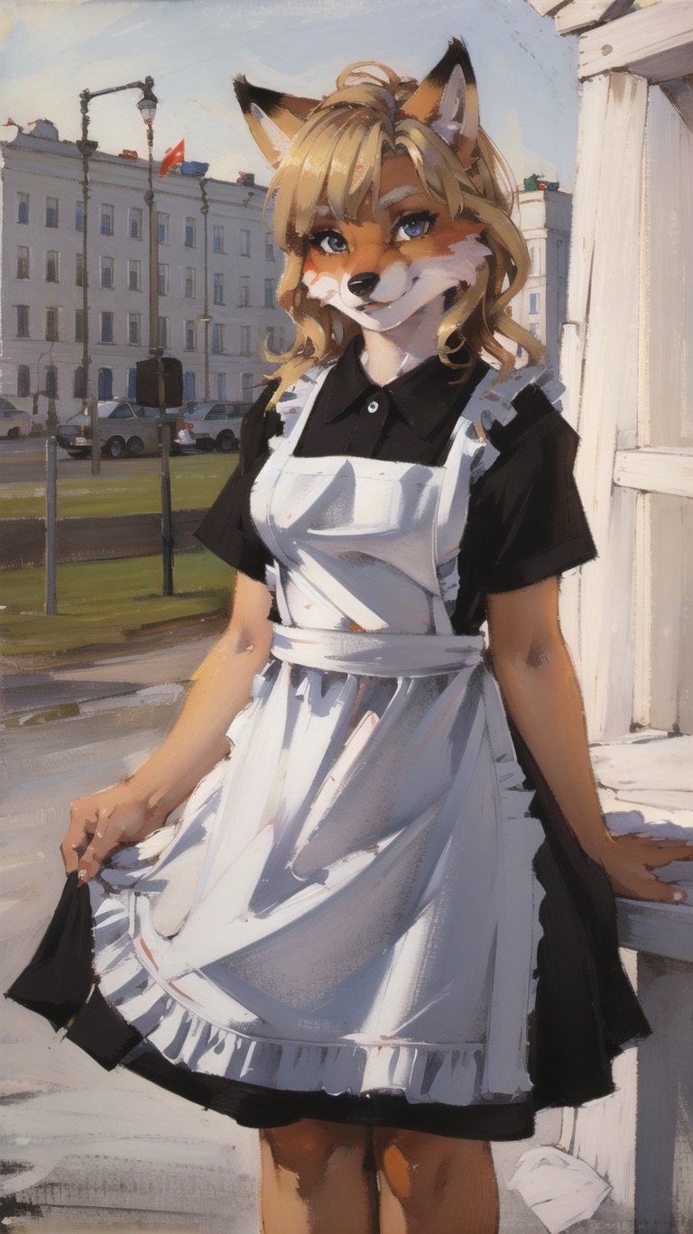 absurdres, highres, ultra detailed, masterpiece, sharp shading,traditional media, fox furry girl,kid,black dress,(white apron:1.2),sovietform,communism, windblonde,high detail fur,outdoors,sunlight, paws,moscow,sovietlooking at viewer,  <lora:sovietForm:0.5> 