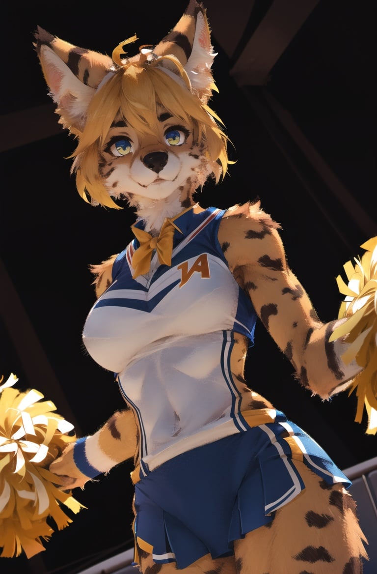 absurdres, highres, ultra detailed, masterpiece, sharp shadingfurry female,solo,(high detail fur:1.2),cinema angle,8K,game CG,after performperfect lighting,servalcat,Cheerleading uniform,looking at viewer,blonde<lora:servalcat:0.7> <hypernet:furry_kemono:1>