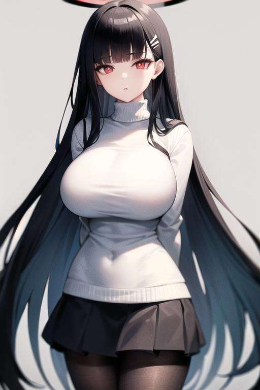 rio (blue archive), black hair, 1girl, solo,long sleeve,turtleneck , white sweater, jacket, skirt, pantyhose, huge breasts, red eyes,parted lips, hair ornament, blunt bangs,  looking at viewer,very long hair, halo,arms behind back<lora:rio-05:0.7>