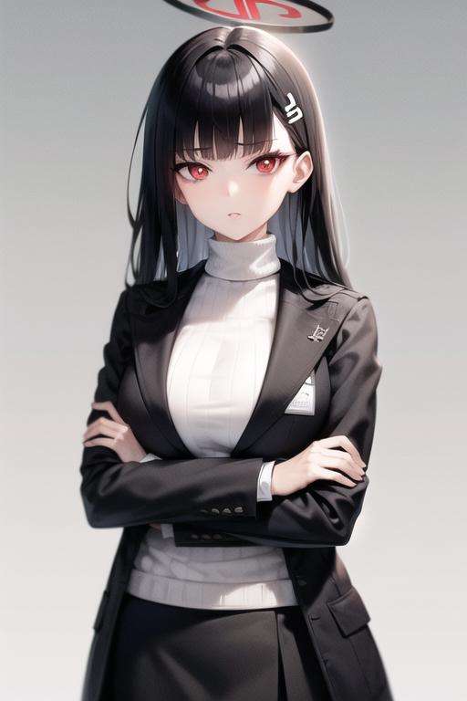 rio (blue archive), black hair, 1girl, white sweater, long sleeves, solo, large breasts, turtleneck, red eyes, sweater, ribbed sweater, turtleneck sweater, black jacket, simple background, crossed arms, skirt, parted lips, hair ornament, blunt bangs, breasts, bangs, coat on shoulders, looking at viewer, white background, long hair, jacket, black skirt, halo, jacket on shoulders<lora:rio-05:0.7>