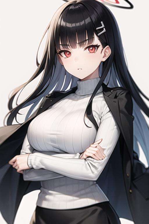 rio (blue archive), black hair, 1girl, white sweater, long sleeves, solo, large breasts, turtleneck, red eyes, sweater, ribbed sweater, turtleneck sweater, black jacket, simple background, crossed arms, skirt, parted lips, hair ornament, blunt bangs, breasts, bangs, coat on shoulders, looking at viewer, white background, long hair, jacket, black skirt, halo, jacket on shoulders<lora:rio-05:0.7>