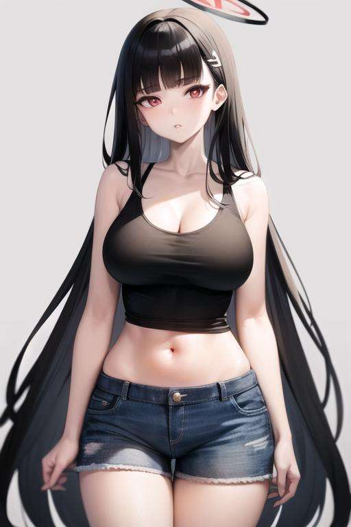 rio (blue archive), black hair, 1girl, solo,bare shoulder,tank tops, large breasts, red eyes, thigh gap, parted lips, hair ornament, blunt bangs, breasts,  looking at viewer, white background, midriff, navel , shorts,very long hair, halo,<lora:rio-05:0.7>