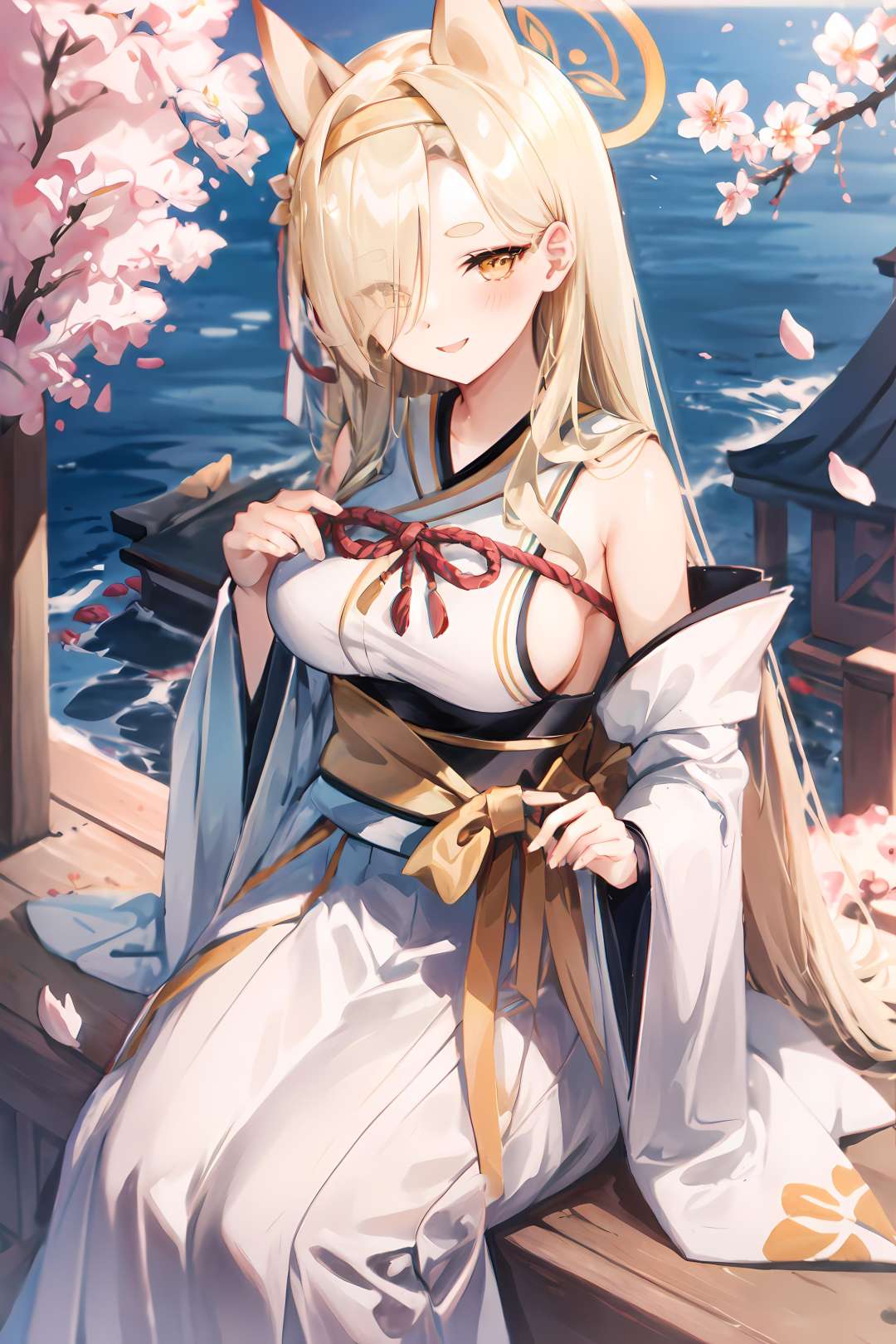 kaho(blue archive), 1GIRL,SOLO,,  looking at viewer, fox ears, eyes visible through hair, sideboob, wide sleeves, animal ears, long hair, sash, obi, hairband, kimono, smile, detached sleeves, hair over one eye, blonde hair, blush, medium breasts, halo, yellow eyes,  shrine, Japanese shrine, cg, highres,masterpiece, best quality,sitting, cherry blossoms, leaf, petals, <lora:kaho-08:0.8>