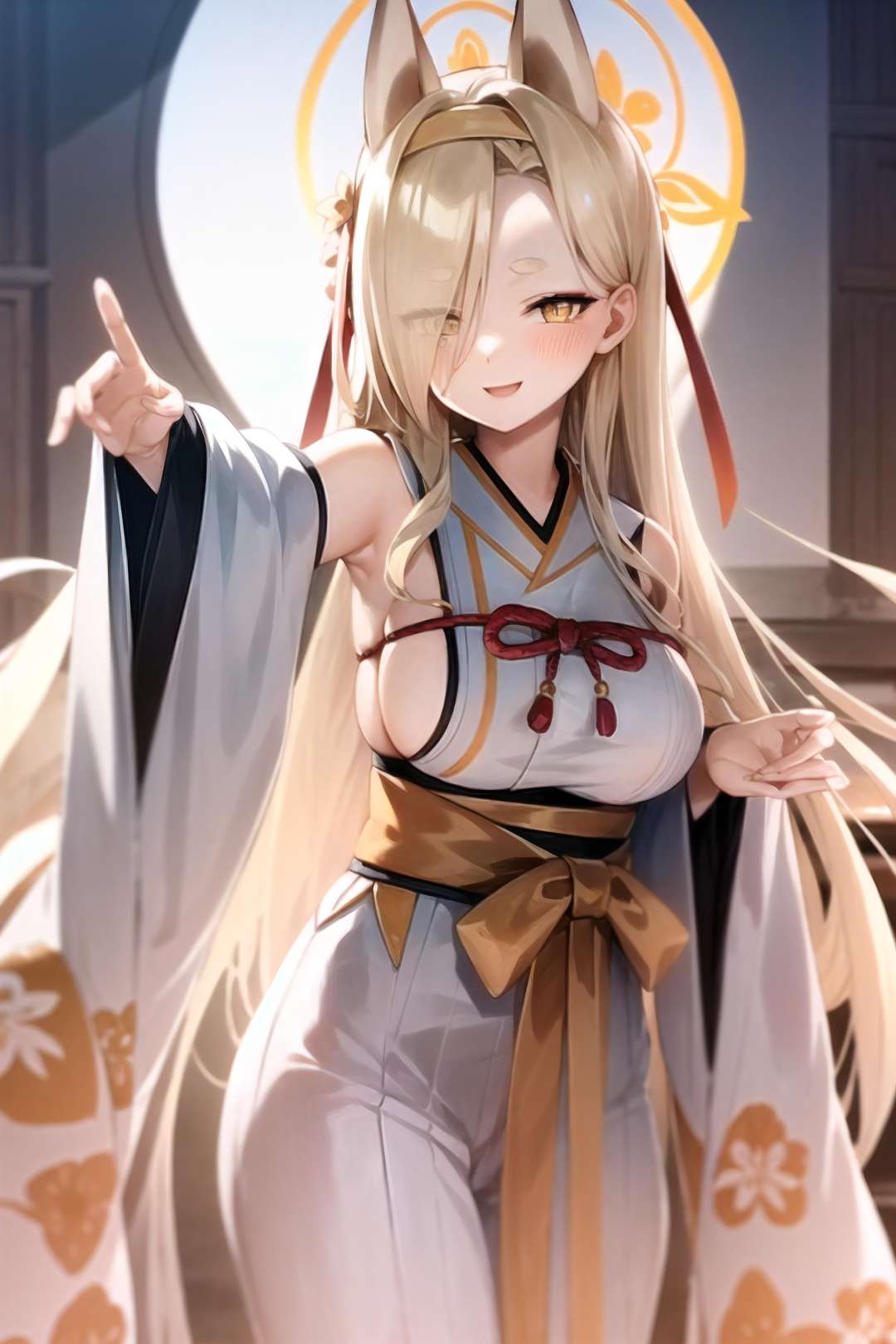 kaho(blue archive), 1GIRL,SOLO,,  looking at viewer, fox ears, eyes visible through hair, sideboob, wide sleeves, animal ears, long hair, sash, obi, hairband, kimono, smile, detached sleeves, hair over one eye, blonde hair, blush, medium breasts, halo, yellow eyes,  <lora:kaho-08:0.8>