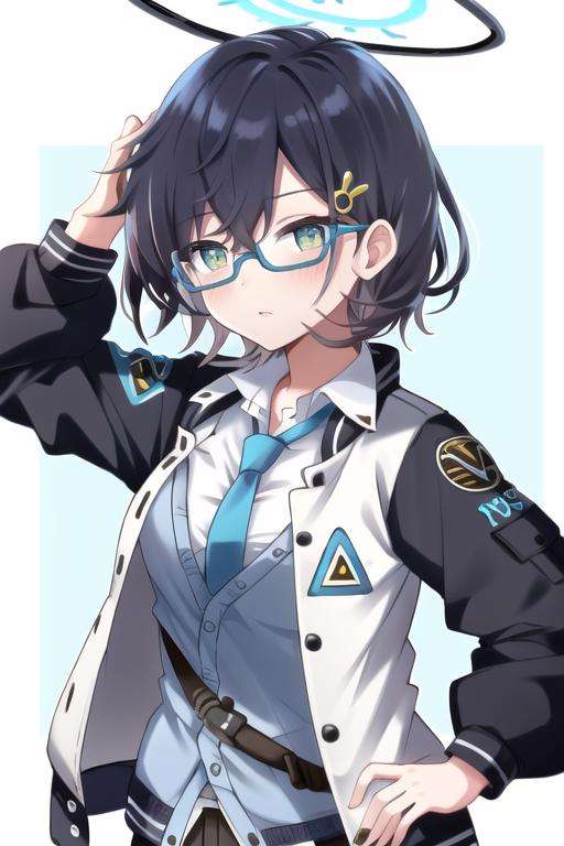 chihiro(blue archive), 1girl, solo, necktie, glasses, halo, jacket, blue necktie, short hair, hair ornament, multicolored jacket, looking at viewer, shirt, blush, green eyes, white shirt, upper body, two-tone jacket, open clothes, heart, long sleeves, collared shirt, open jacket, hair between eyes, bangs<lora:chihiro:0.8> 