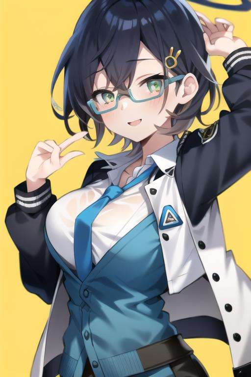 chihiro(blue archive), 1girl, solo, white shirt , upper body , large breast,blue hair, smile, happy , blush,halo,blue necktie,medium shot, portrait, halo, green eyes, glasses, short hair, hairpin , hair ornaments, looking at viewers, yellow background,highres, hd, volumetric lighting,jacket,<lora:chihiro:0.8>