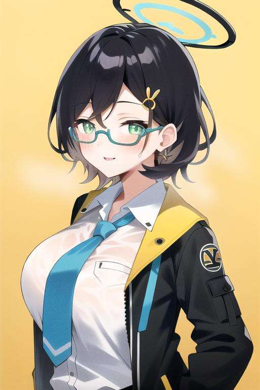 chihiro(blue archive), 1girl, solo, white shirt , upper body , large breast, smile, happy , blush,halo,blue necktie,medium shot, portrait, halo, green eyes, glasses, short hair, hairpin , hair ornaments, looking at viewers, yellow background,highres, hd, volumetric lighting,jacket,<lora:chihiro-000002:0.7>