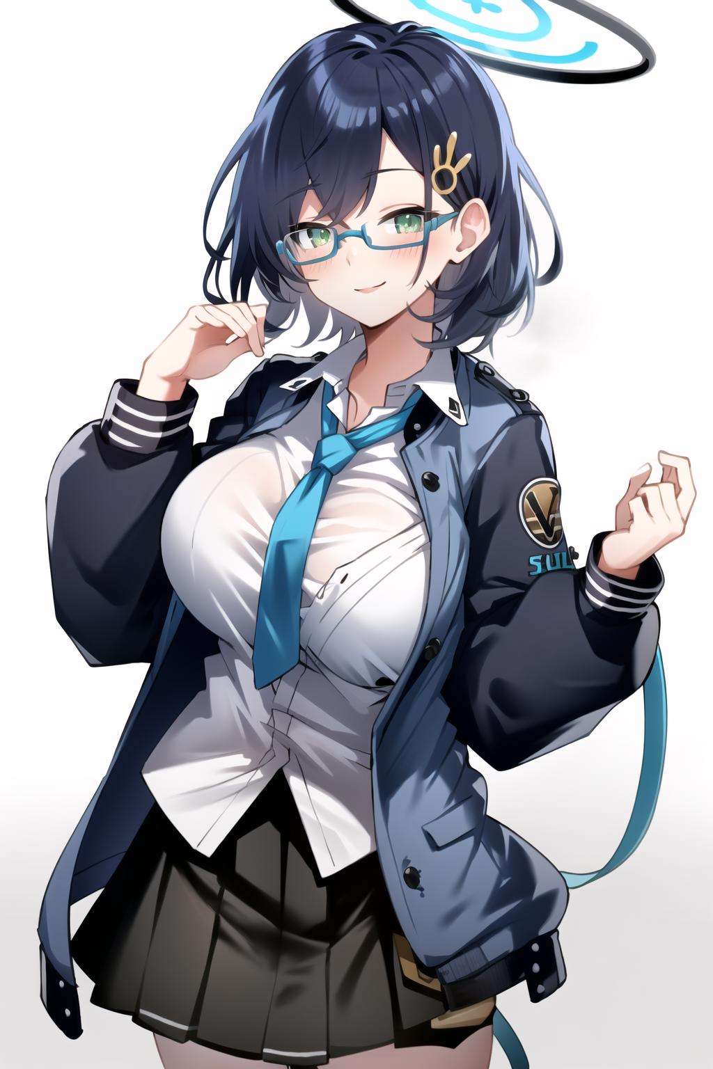 masterpiece, best quality,chihiro\(blue archive\), 1girl, solo, large breast,blue hair, smile, happy , blush,halo,school uniform,jacket , necktie,white shirt, blue shirt,bang, green eyes, glasses,looking at viewer, skirt, hairpin,cowboy shot,upper body ,hands inside pocket<lora:chihiro:0.8>