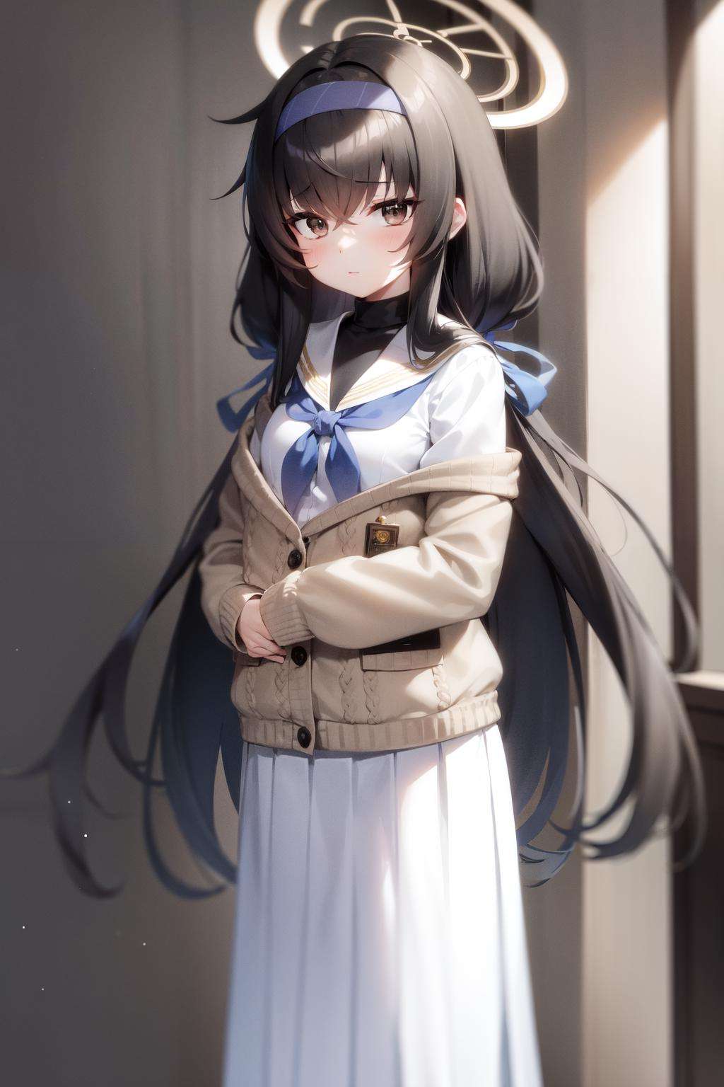 ui(blue archive), 1girl ,solo , long hair , twintails, black hair, hairband , serafuku, sailor collar, school uniform, long skirt , pleated skirt, neckerchief, cardigan,white skirt , standing, halo , bags under eyes, pantyhose, looking at viewer, hair hair between eyes, <lora:ui:0.7>, 