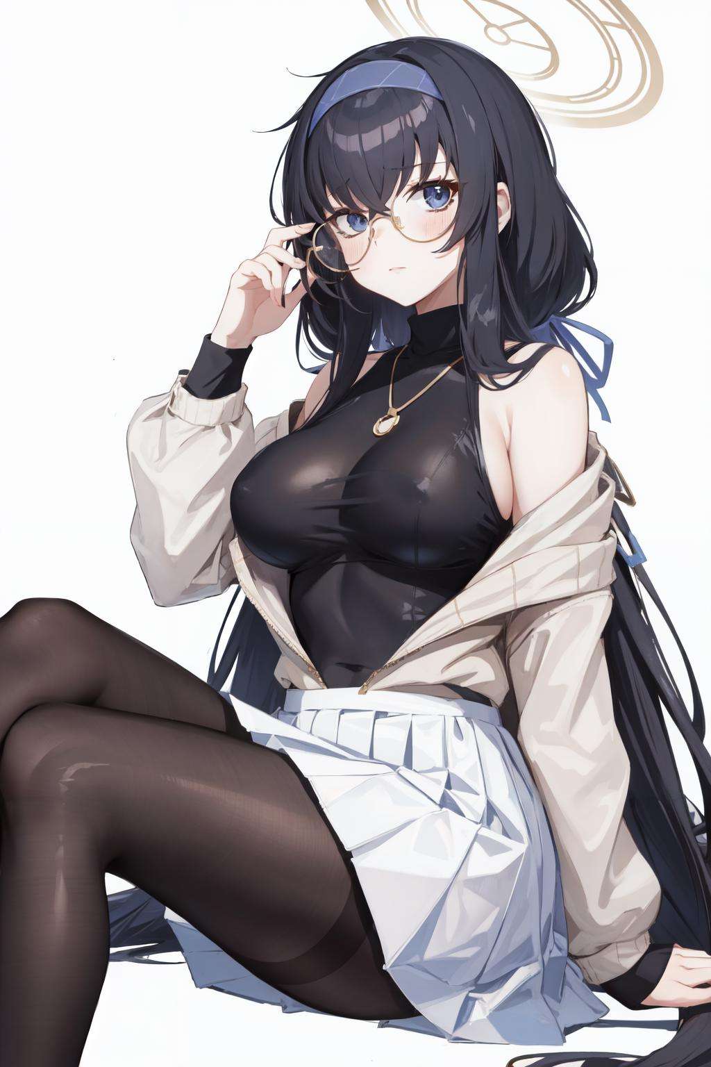 ui(blue archive), hair between eyes, pantyhose, glasses, black hair, simple background, hairband, black pantyhose, necklace, pleated skirt, turtleneck, long hair, 1girl, very long hair, blue eyes, white background, round eyewear, solo, sitting, halo, skirt, blue hairband, eyewear strap, long sleeves, white skirt, arm under breasts, bags under eyes, blush, looking at viewer, sweater, jewelry, large breasts<lora:ui:1>