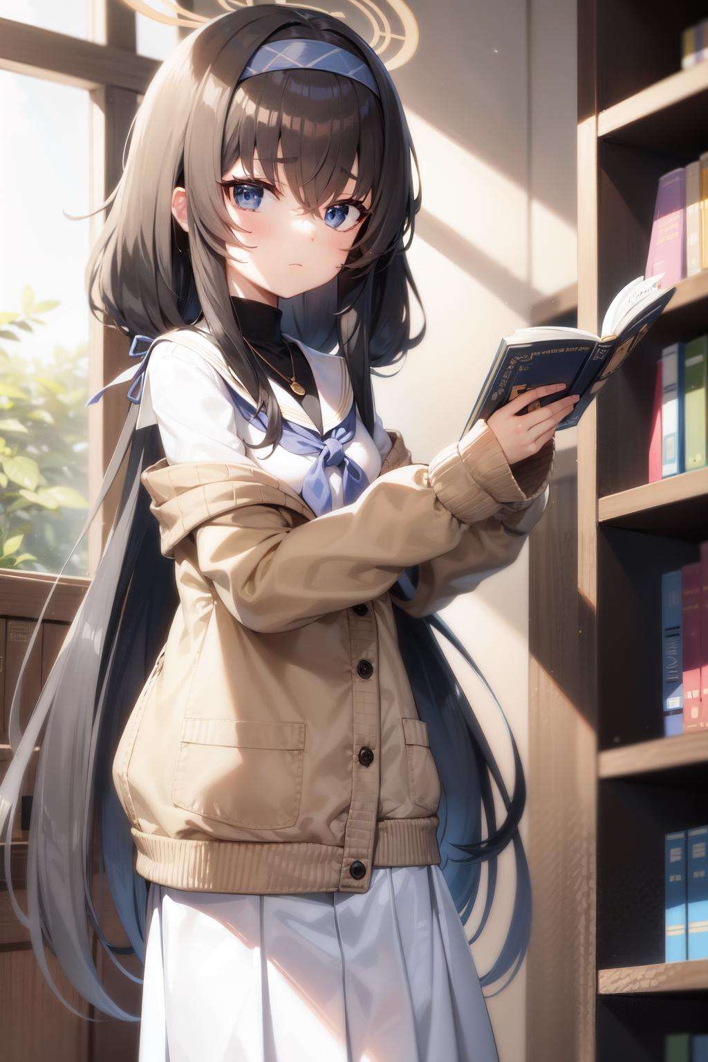 ui(blue archive), hair between eyes, black hair, hairband, quill, blue neckerchief, necklace, holding, long hair, 1girl, white serafuku, very long hair, blue eyes, school uniform, off shoulder, bookshelf, holding book, solo, neckerchief, cardigan, book, halo, skirt, serafuku, closed mouth, black undershirt, indoors, blue hairband, library, long sleeves, brown cardigan, sailor collar, white skirt, white sailor collar, bags under eyes, looking at viewer, twintails, jewelry<lora:ui:0.7>, 