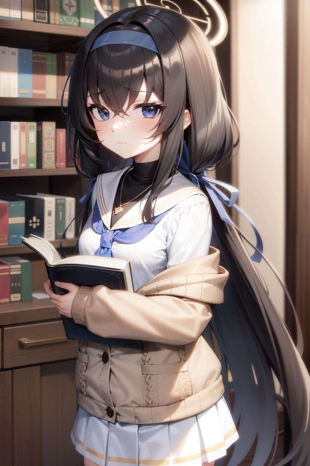 ui(blue archive), hair between eyes, black hair, hairband, quill, blue neckerchief, necklace, holding, long hair, 1girl, white serafuku, very long hair, blue eyes, school uniform, off shoulder, bookshelf, holding book, solo, neckerchief, cardigan, book, halo, skirt, serafuku, closed mouth, black undershirt, indoors, blue hairband, library, long sleeves, brown cardigan, sailor collar, white skirt, white sailor collar, bags under eyes, looking at viewer, twintails, jewelry<lora:ui:0.7>, 