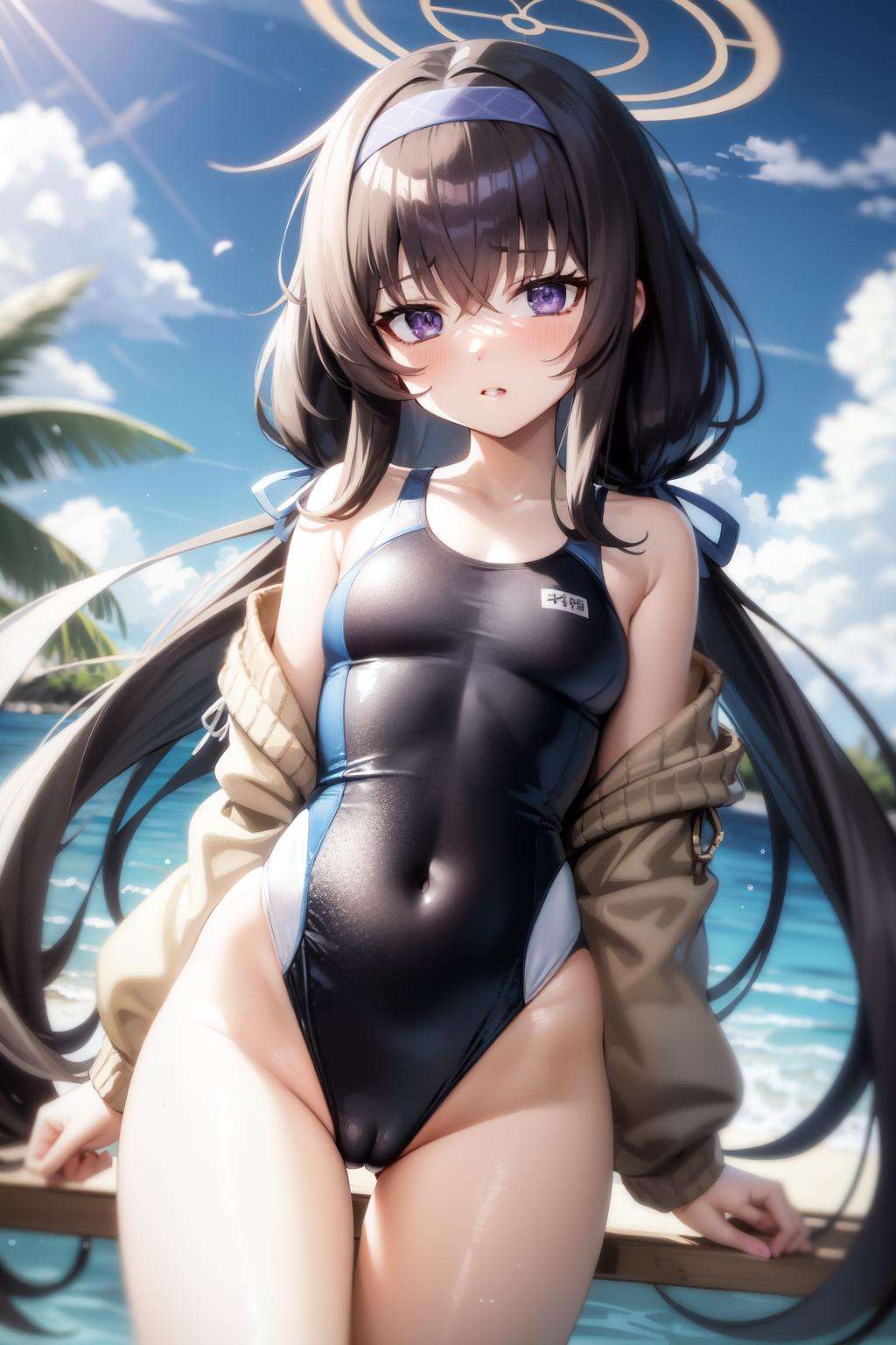 ui(blue archive), hair between eyes, highleg, outdoors, black hair, hairband, long hair, 1girl, blurry, very long hair, blue eyes, off shoulder, solo, cardigan, open clothes, sky, black one-piece swimsuit, halo, covered navel, one-piece swimsuit, parted lips, highleg swimsuit, blue hairband, purple eyes, collarbone, blurry background, ass visible through thighs, long sleeves, crossed bangs, competition swimsuit, blush, looking at viewer, low twintails, twintails, swimsuit, bags under eyes<lora:ui:0.7>, 