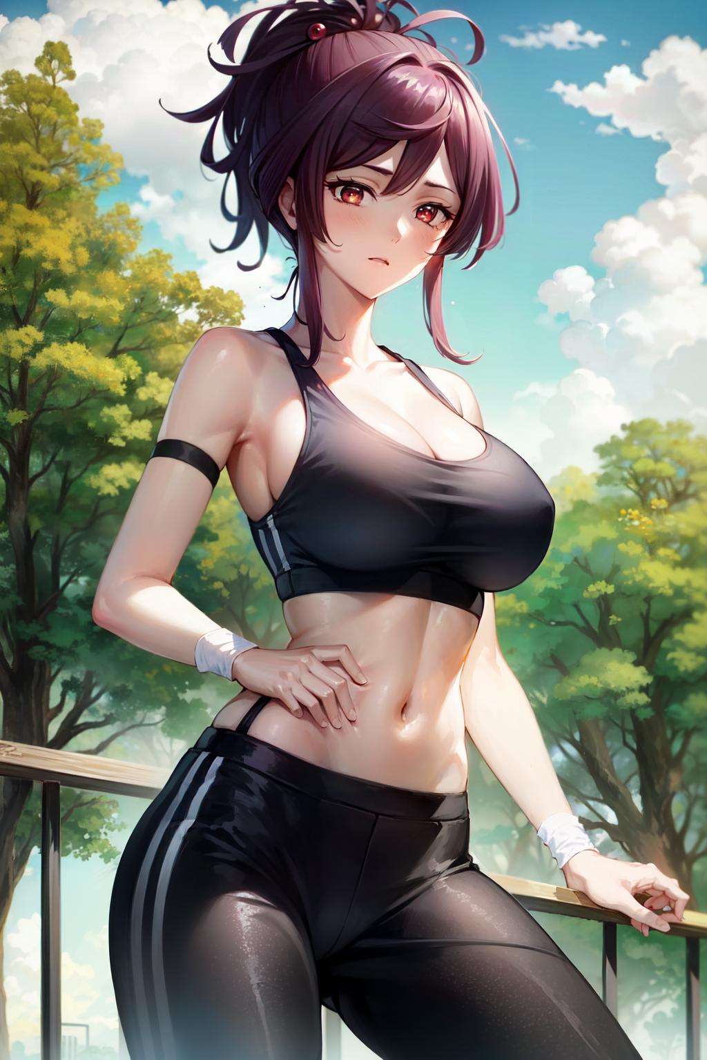 <lora:yuzuriha:0.7>yuzuriha,1girl ,solo , sports bra , purple hair , red eyes , yoga pants , navel , midriff , large breast , masterpiece, best quality, 