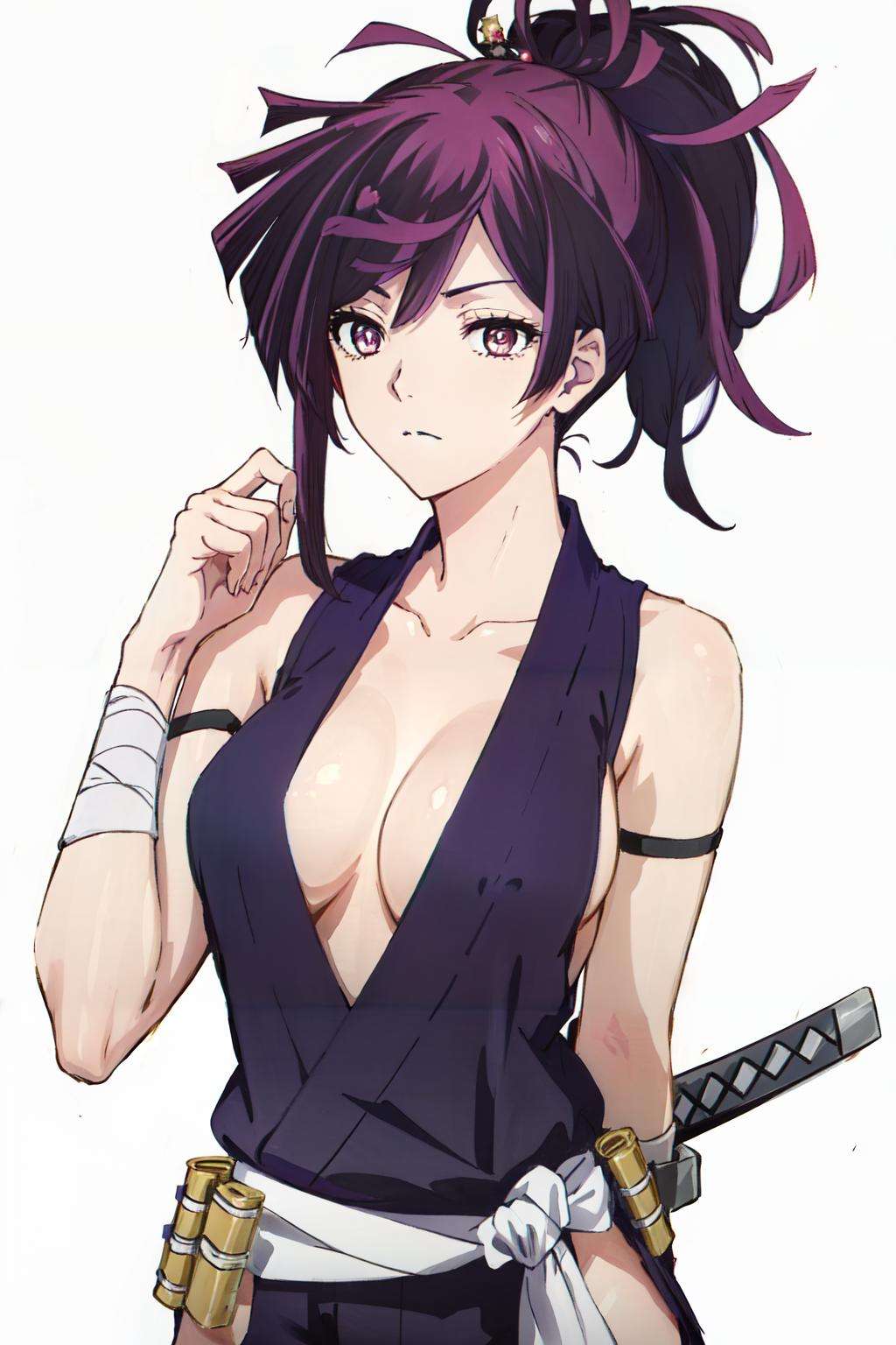 <lora:yuzuriha:1>yuzuriha, cleavage, large breasts, weapon, purple hair, solo, ponytail, 1girl, purple eyes, sword