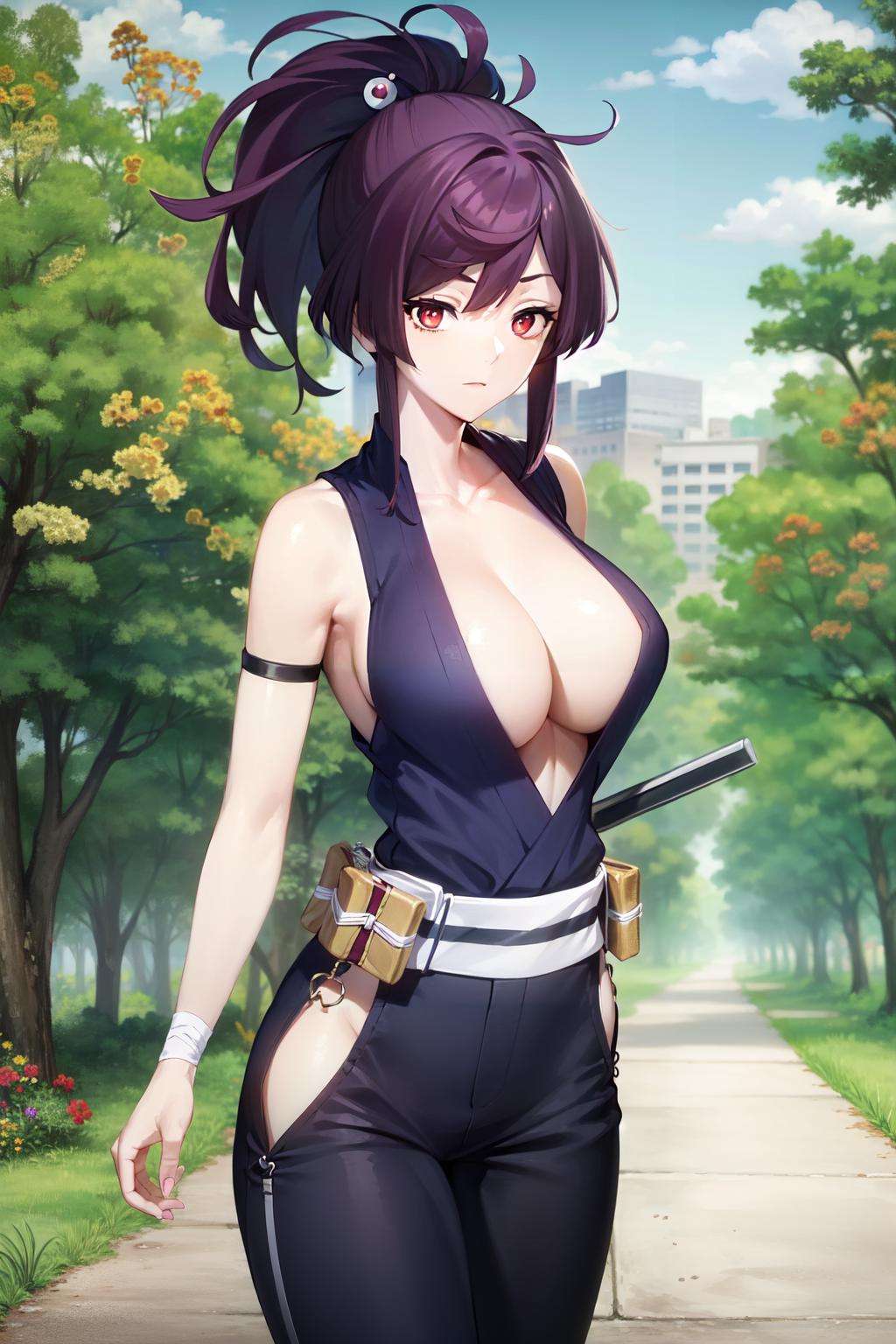 <lora:yuzuriha:0.7>yuzuriha, cleavage, large breasts, weapon, purple hair, solo, ponytail, 1girl, red  eyes, long hair , shirt , pant , city