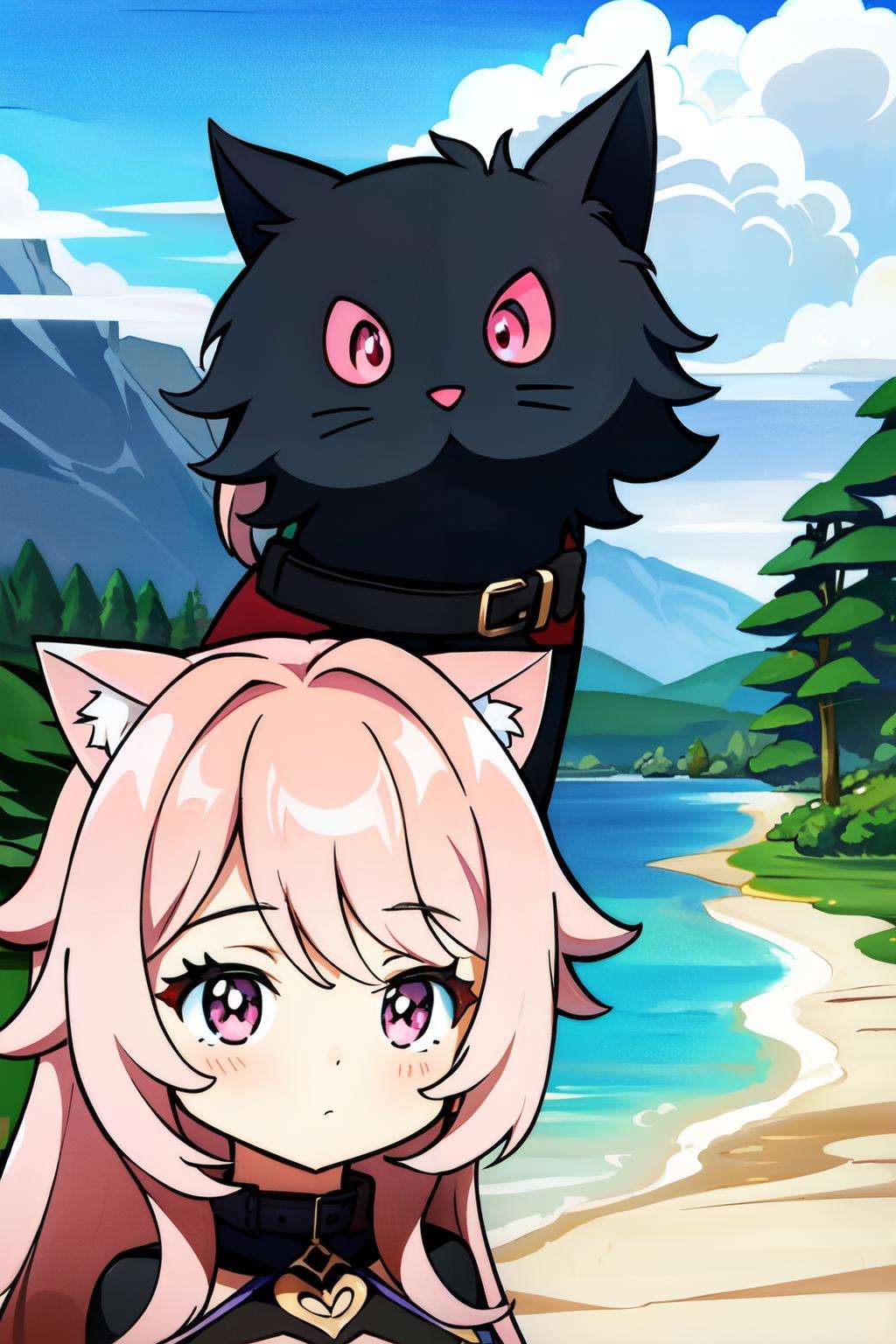 genshin chibi emote,chibi,1girl, long hair, light pink hair, cat\_girl, pink eyes, black\_collar, plugsuit armor, wearing a mask, portrait, futuristic, scenery, cutie style,<lora:genshin_chibi_emote:0.8>