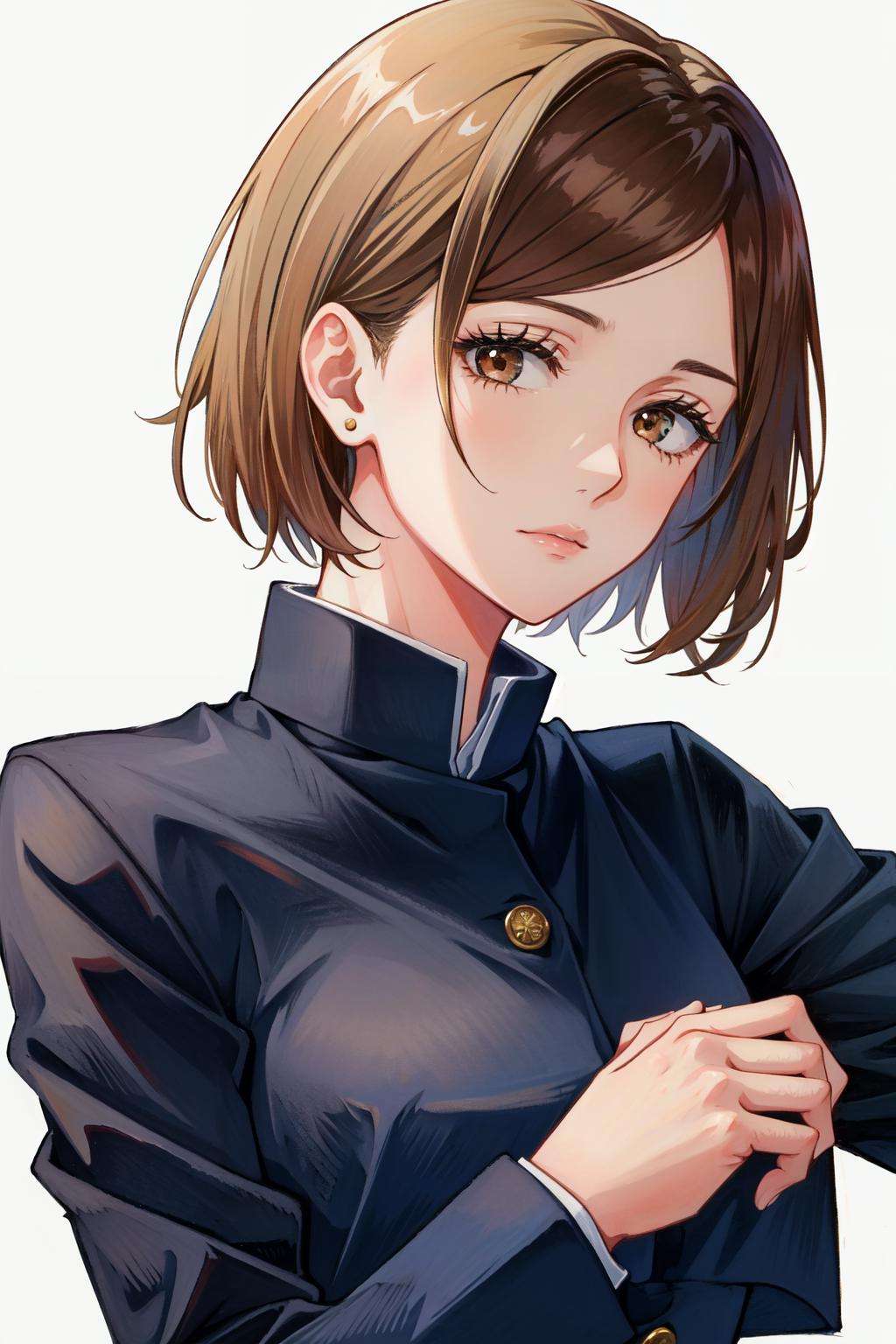 <lora:nobara:0.7>kugisaki nobara, closed mouth, brown eyes, school uniform, short hair, jacket, upper body, 1girl, lips, brown hair, solo