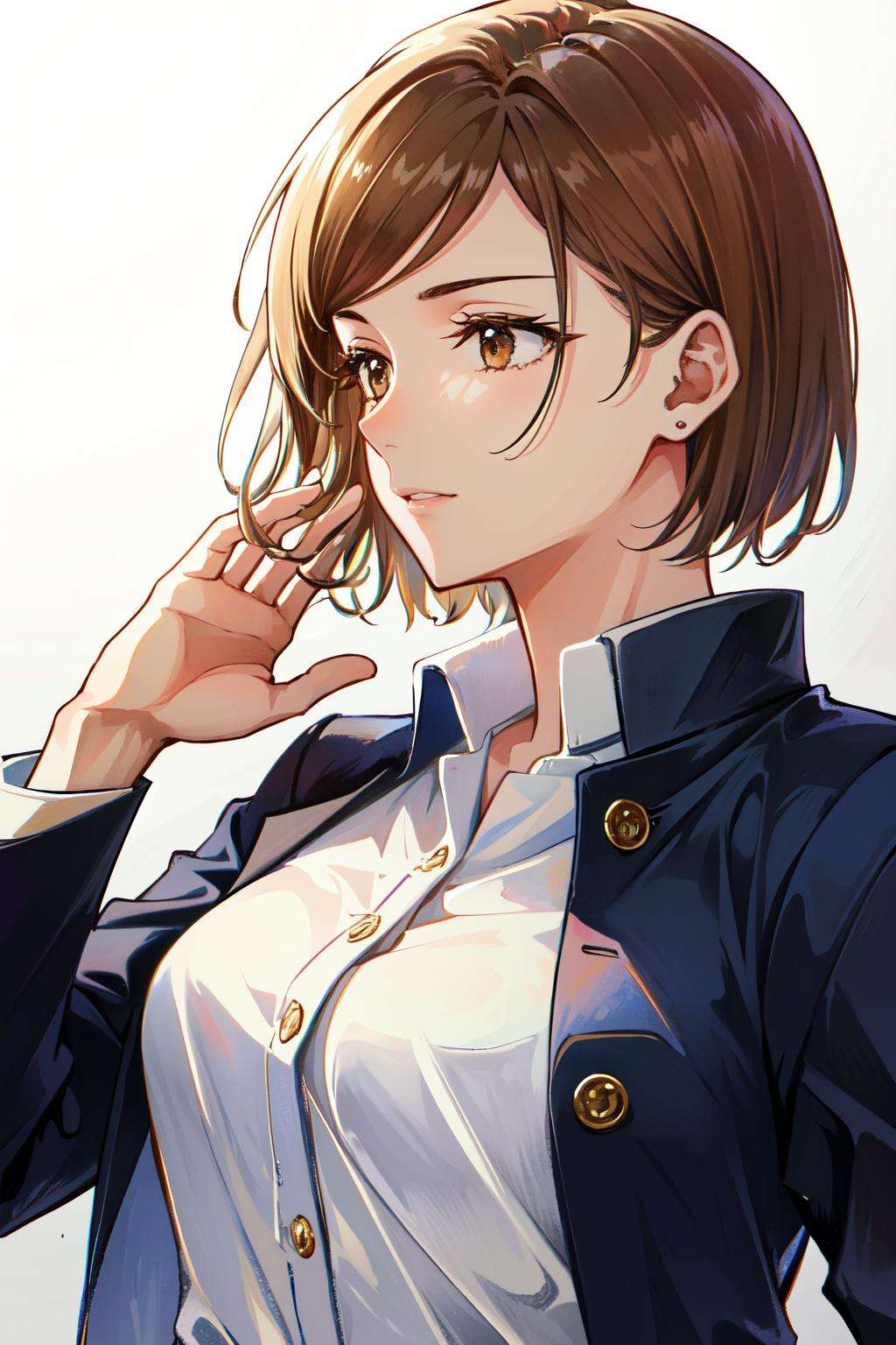 <lora:nobara:0.7>kugisaki nobara, closed mouth, brown eyes, school uniform, short hair, jacket, upper body, 1girl, lips, brown hair, solo