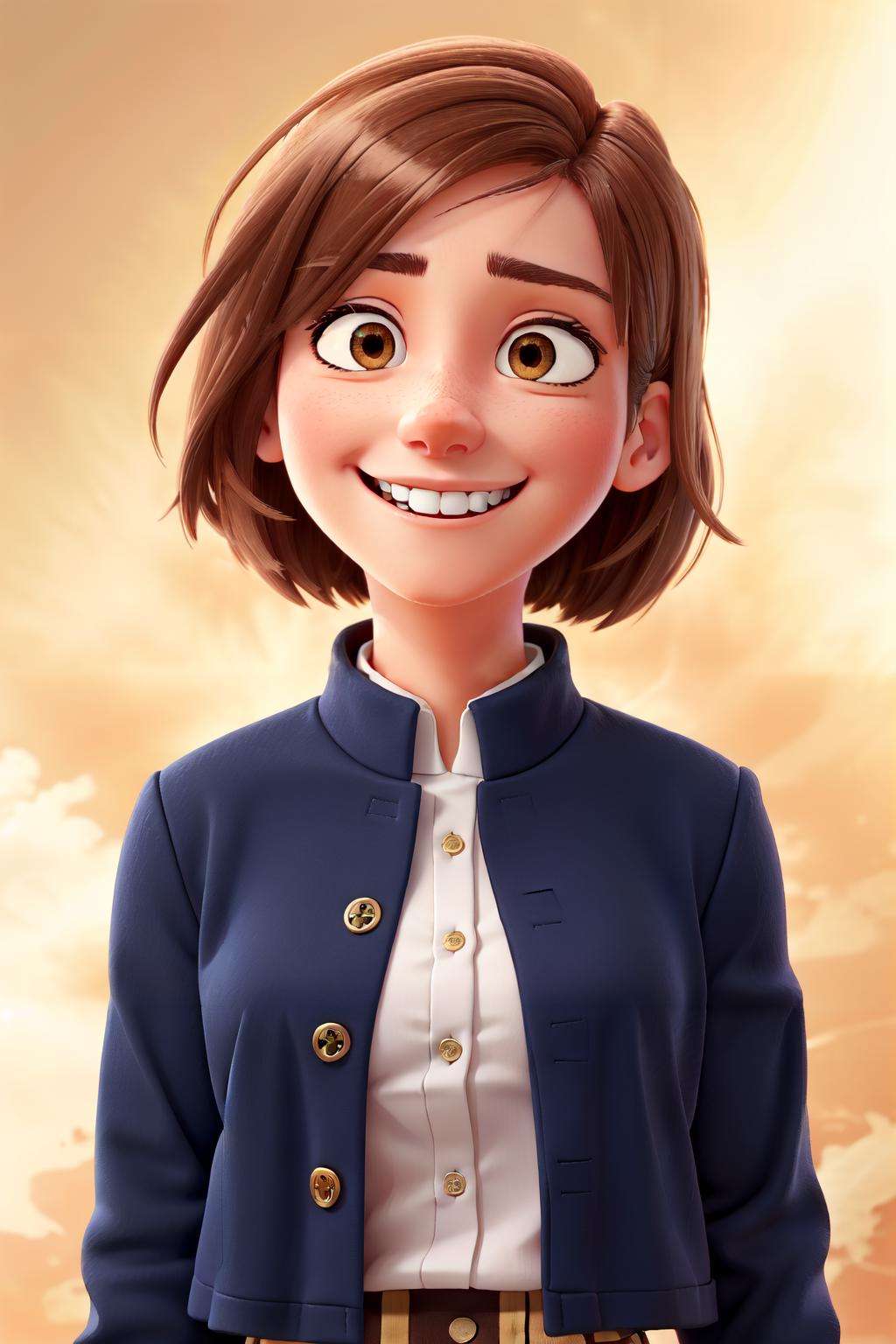 <lora:nobara:1> kugisaki nobara, brown eyes, looking at viewer, school uniform, jacket, teeth,  smile, grin,upper body, solo,long sleeves, black jacket, brown hair, 1girl, short hair