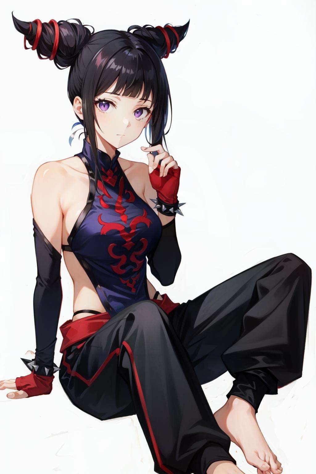 han juri(SF), white background, sitting, spikes, detached sleeves, 1girl, barefoot, simple background, toeless legwear, toes, spiked bracelet, bracelet, solo, feet, fingerless gloves, closed mouth, jewelry, baggy pants, blunt bangs, halterneck, gloves, black hair, bare shoulders, hair horns, hands on feet, toenails, pants, purple eyes, chinese clothes <lora:han_juri-05:0.7>,