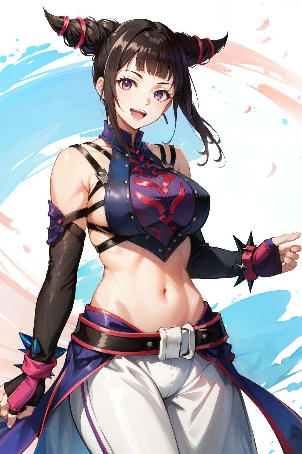 han juri(SF), spikes, 1girl ,solo , mature female, short hair , blac hair , purple eyes, hair horn , spiked bracelet, spiked bracelet, detached sleeves, fingerless gloves, dudou , midriff, navel , looking at viewer, smile , happy , open mouth, large breasts, wide hips, harness, white pant , <lora:han_juri-05:1>,