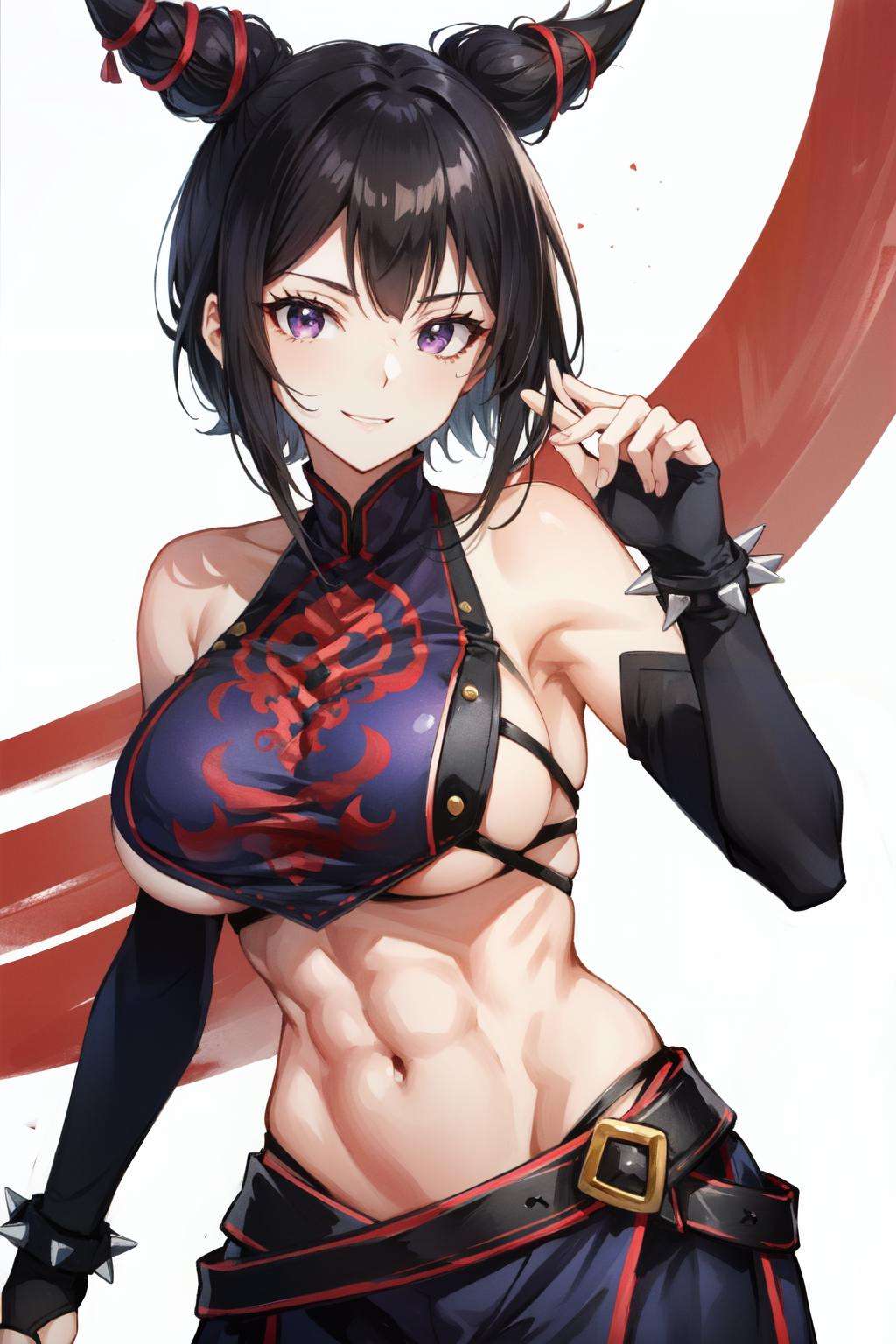 han juri(SF), detached sleeves, 1girl, spiked bracelet, bel, solo, mature female , large breast,fingerless gloves, abs, makeup, sideboob, large breasts, halterneck, gloves, smile, eyeshadow, black hair, bare shoulders, hair horns, toned, short hair, navel, purple eyes, midriff, chinese clothes<lora:han_juri-05:0.7>,