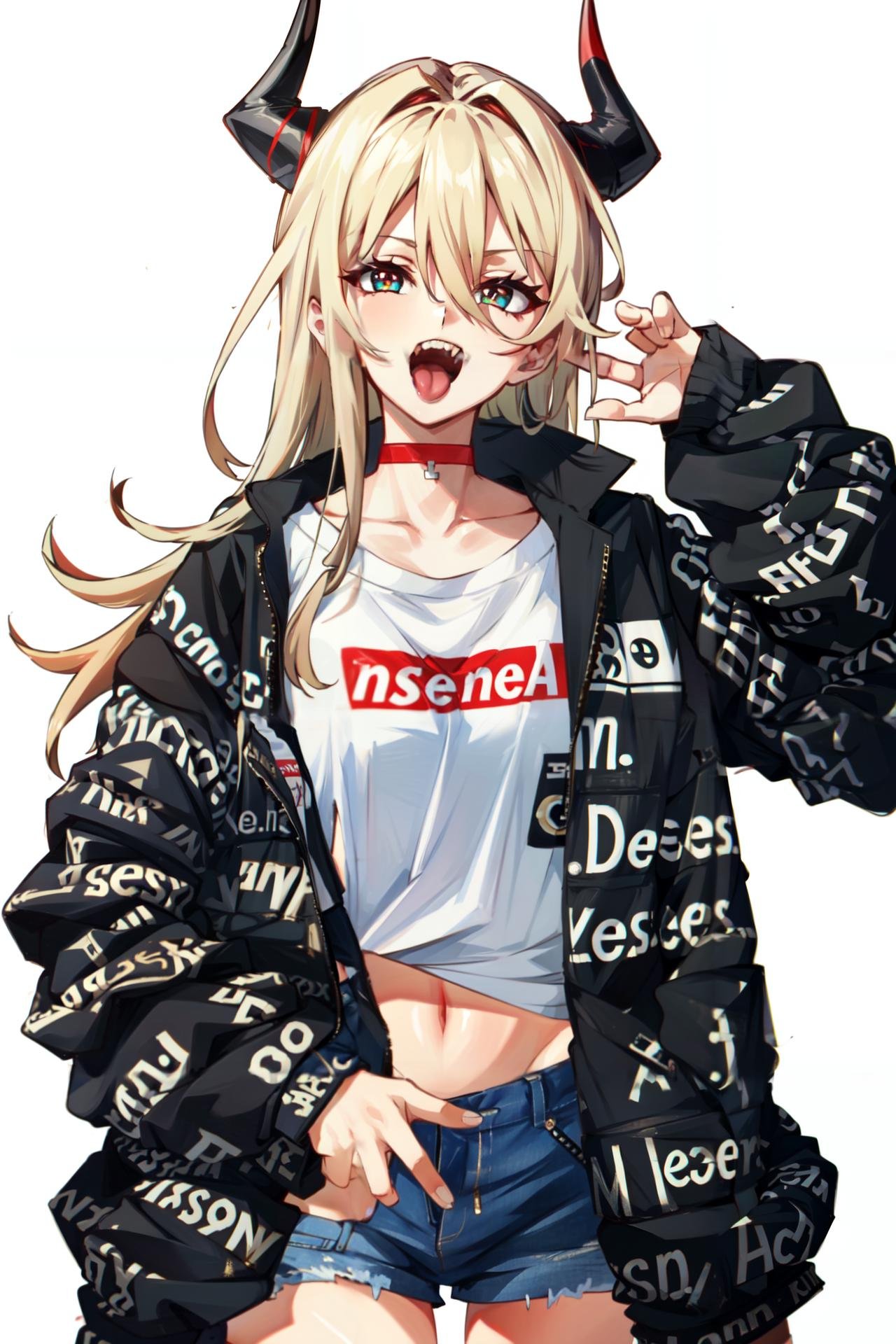 drip jacket, sharp teeth, white background, white shirt, red horns, choker, 1girl, cross-shaped pupils, teeth, navel, solo, long hair, midriff, simple background, cropped shirt, hair between eyes, black jacket, jacket, open mouth, tongue out, shirt, symbol-shaped pupils, blonde hair, crop top, looking at viewer, shorts, horns, tongue <lora:drip_jacket-07:0.8> 