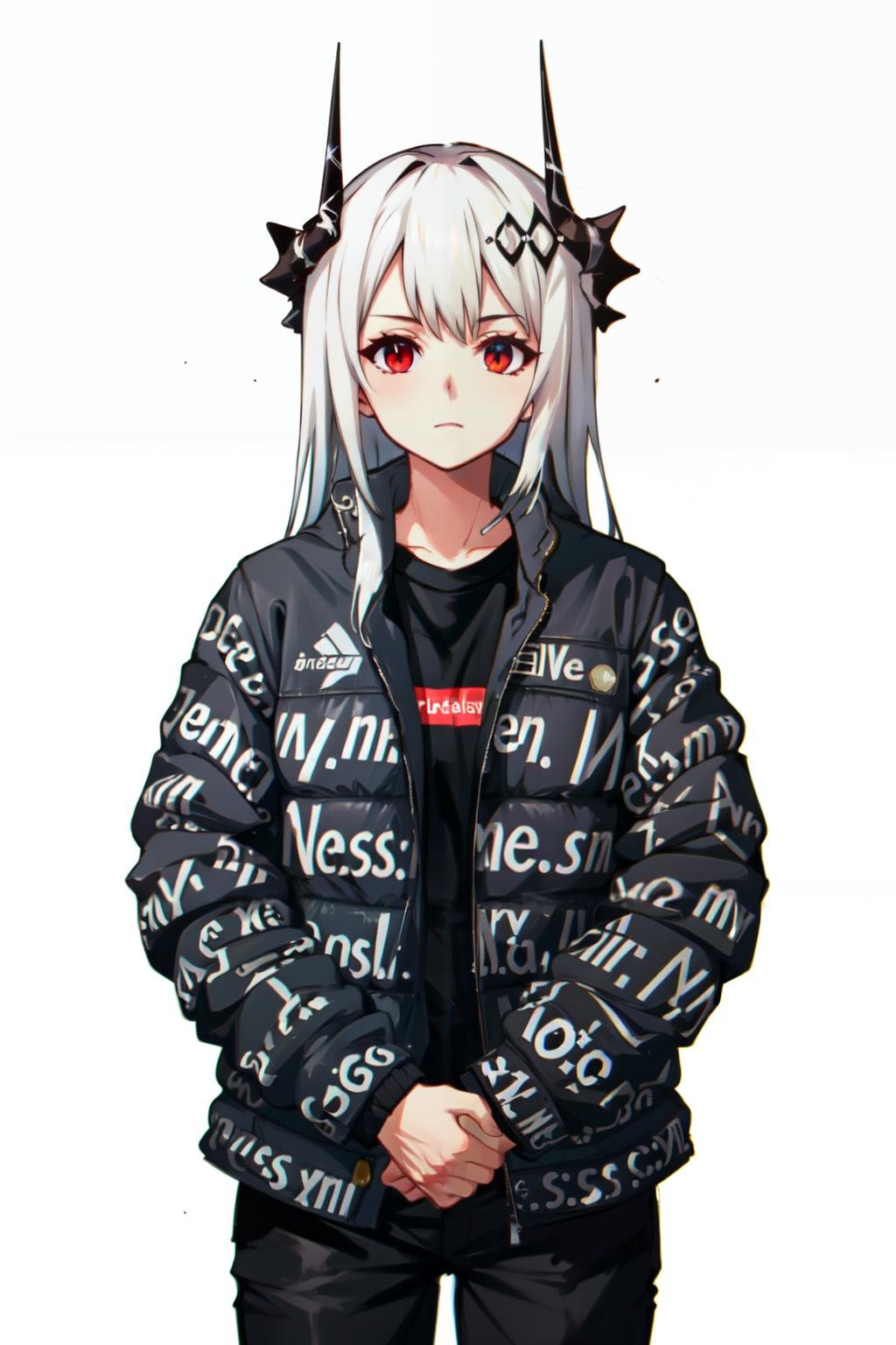 drip jacket,white background, shirt, jacket, closed mouth, open clothes, black pants, pants, 1girl,  black shirt, looking at viewer, open jacket, solo, own hands together <lora:drip_jacket-07:0.8>,mudrock(arknights), horn , white hair , long hair , <lora:mudrock:0.8>, 