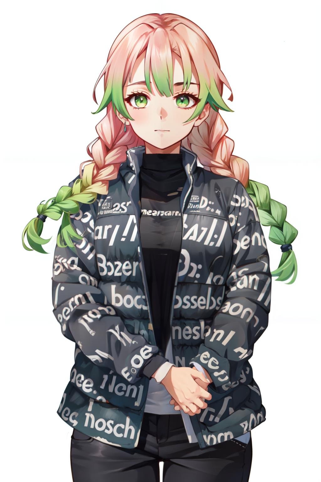 drip jacket,white background, shirt, closed mouth, open clothes, black pants, pants, 1girl,  black shirt, looking at viewer, open jacket, solo, own hands together <lora:drip_jacket-07:0.8> mitsuri(demon slayer), multicolored hair, green eyes,long hair ,twin braids, <lora:mitsuri-v2:0.7>, 