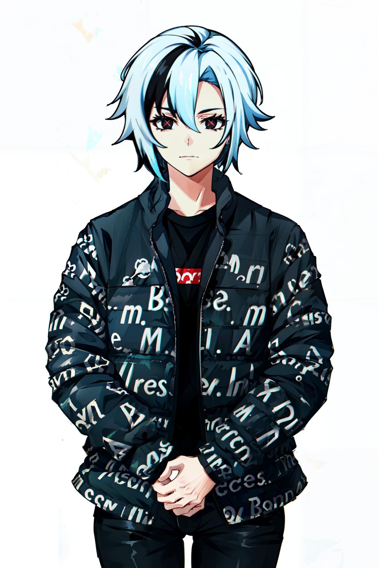 drip jacket,white background, shirt, closed mouth, open clothes, black pants, pants, 1girl,  black shirt, looking at viewer, open jacket, solo, own hands together <lora:drip_jacket-07:0.8> arlecchino(genshin impact),white hair , multicolored hair , black eyes , x shaped pupils , red pupils,short hair,<lora:arlecchino:0.7>, 