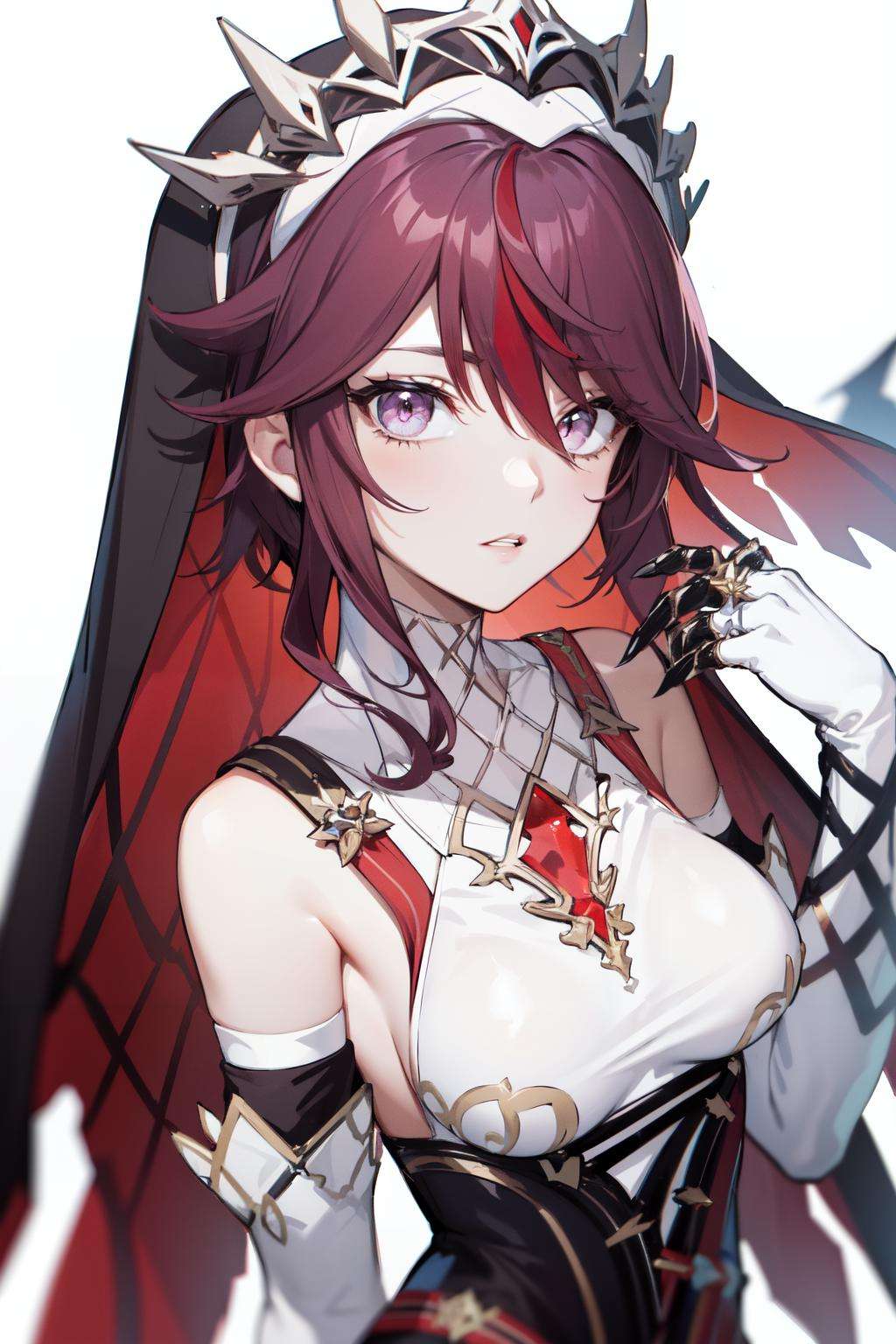 <lora:rosaria-09:1>rosaria(genshin impact), solo, streaked hair, red hair, purple hair, gloves, nun, purple eyes, veil, short hair, white gloves, large breasts, upper body, simple background, bare shoulders, parted lips, claw ring, hair between eyes, 1girl, habit, looking at viewer, white background, elbow gloves