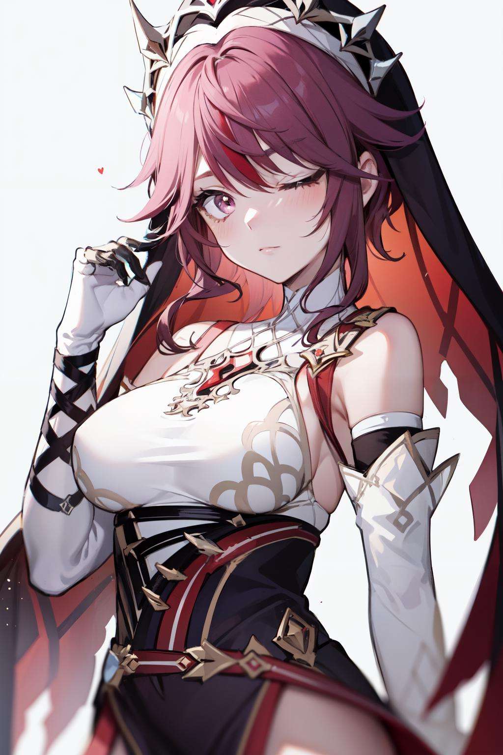 <lora:rosaria-09:1>rosaria(genshin impact), solo, streaked hair, red hair, purple hair, gloves, one eye closed, nun, purple eyes, short hair, white gloves, closed mouth, large breasts, upper body, simple background, bare shoulders, 1girl, habit, looking at viewer, white background, elbow gloves