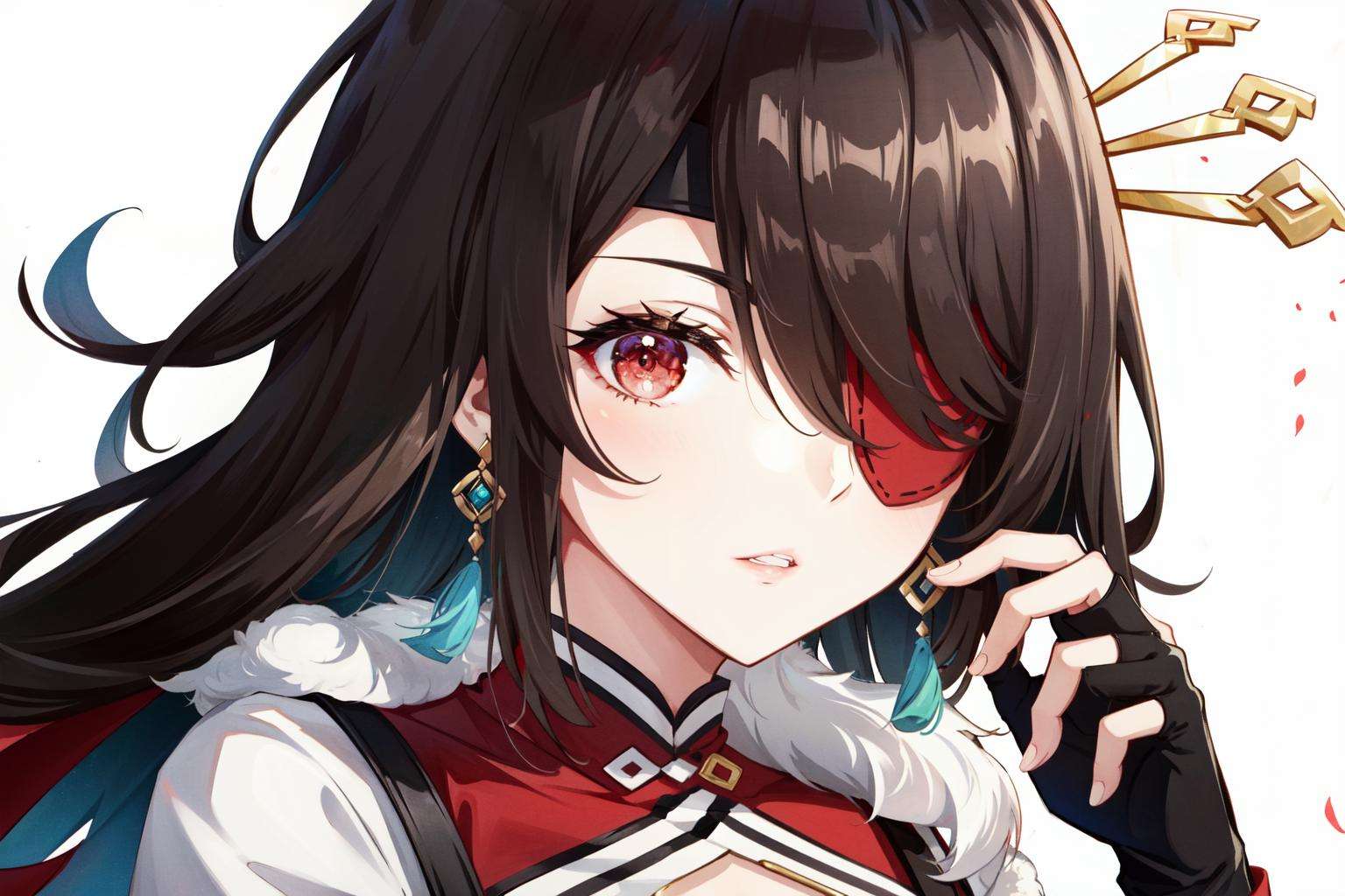 beidou(genshin impact), portrait, one eye covered, brown hair, eyepatch, solo, hair over one eye, fingerless gloves, black gloves, red eyes, hair ornament, jewelry, earrings, gloves, long hair, looking at viewer, fur trim, parted lips, flower, 1girl<lora:beidou:0.8>