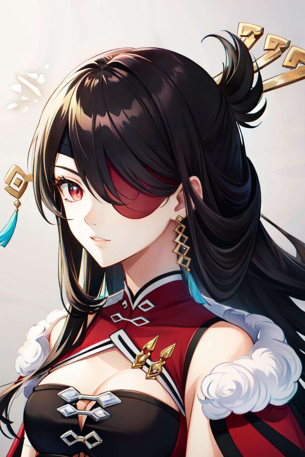 beidou(genshin impact), portrait, earrings, black hair, one eye covered, long hair, red eyes, looking at viewer, 1girl, eyepatch, solo, hair over one eye, hair ornament, jewelry<lora:beidou-12:1>